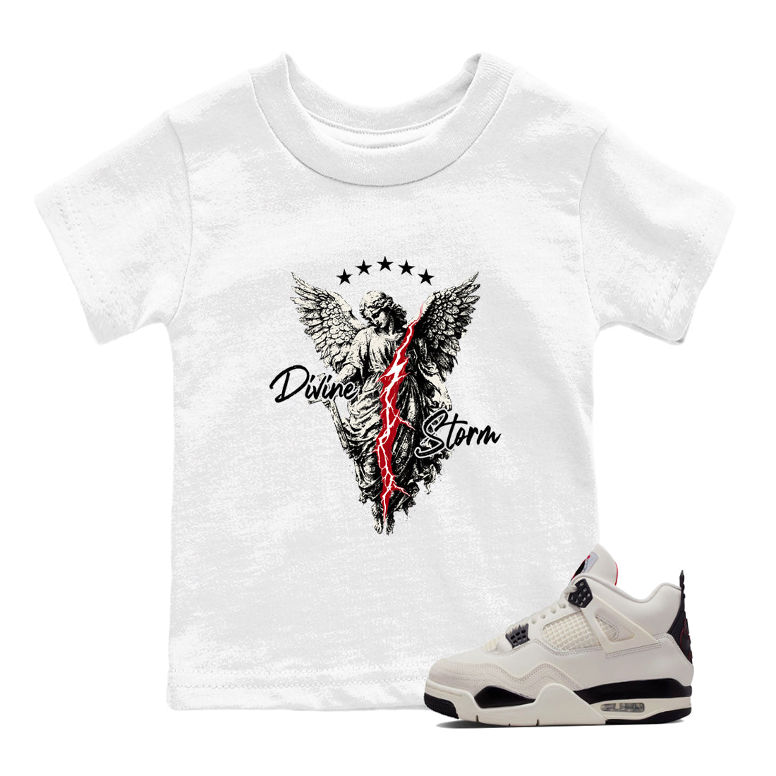 Sneaker match tees – Sneaker Tees To Match Air Jordan 4 Flight Club Shoes – Divine Storm Kids T-Shirt White 1