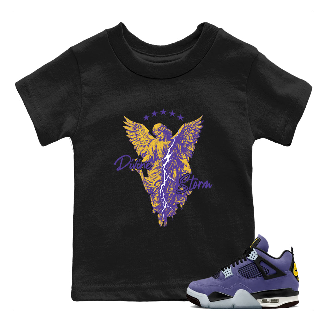 Sneaker match tees – Sneaker Tees To Match Air Jordan 4 Lakeshow Shoes – Divine Storm Kids T-Shirt Black 1