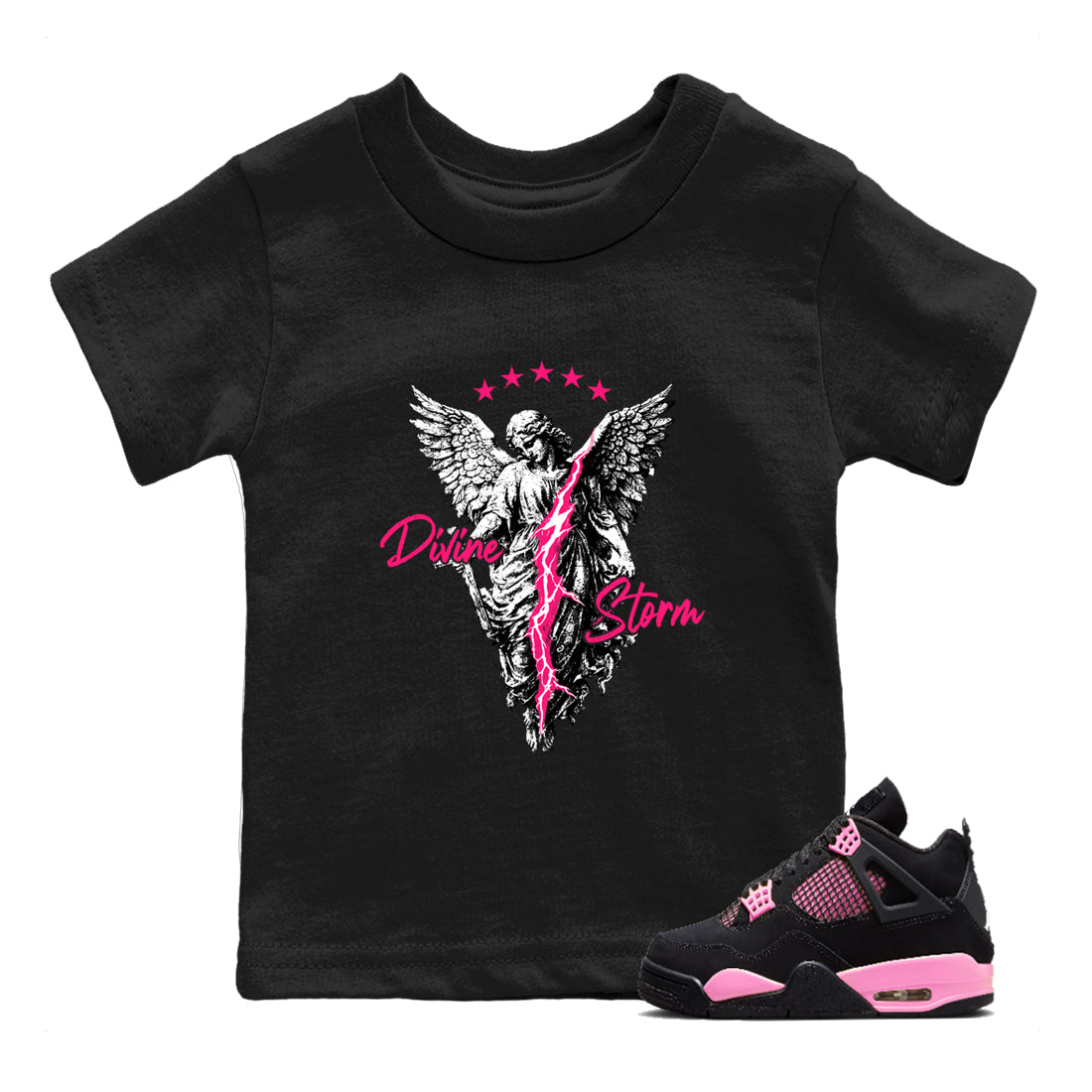 Perfect Valentine's Day Gifts graphic tee  – Sneaker Tees To Match Air Jordan 4 Pink Thunder – Divine Storm Kids Graphic T-Shirt Black 1