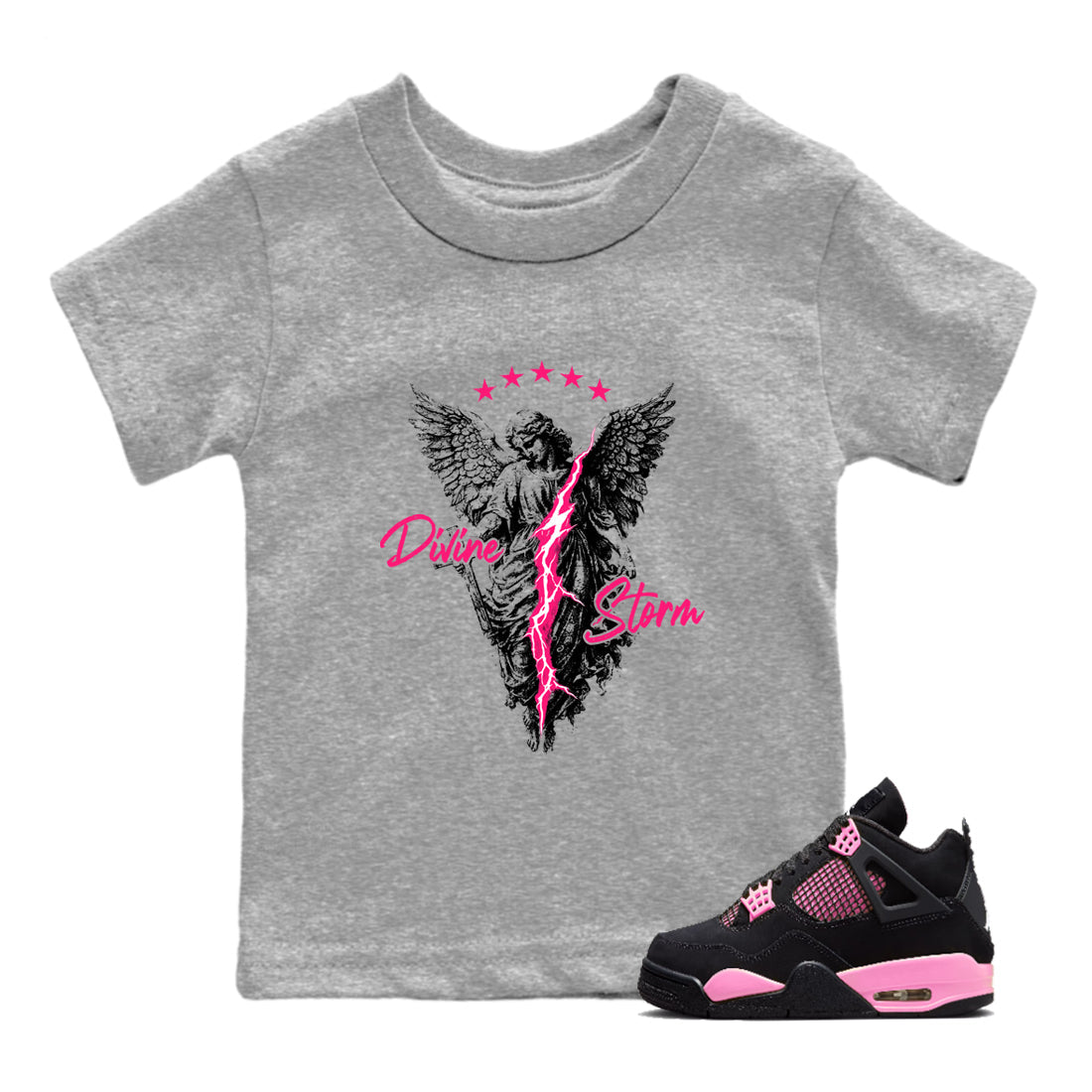 Perfect Valentine's Day Gifts graphic tee  – Sneaker Tees To Match Air Jordan 4 Pink Thunder – Divine Storm Kids Graphic T-Shirt Heather Grey 1