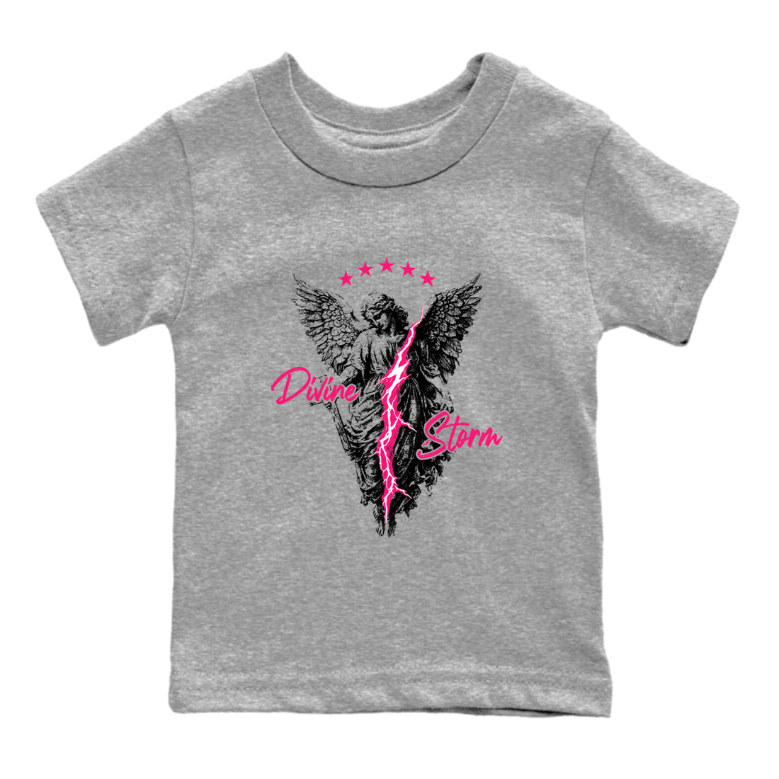 Perfect Valentine's Day Gifts graphic tee  – Sneaker Tees To Match Air Jordan 4 Pink Thunder – Divine Storm Kids Graphic T-Shirt Heather Grey 2