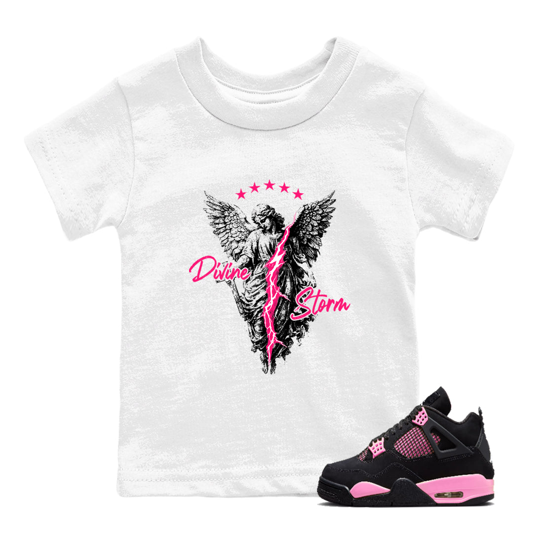 Perfect Valentine's Day Gifts graphic tee  – Sneaker Tees To Match Air Jordan 4 Pink Thunder – Divine Storm Kids Graphic T-Shirt White 1