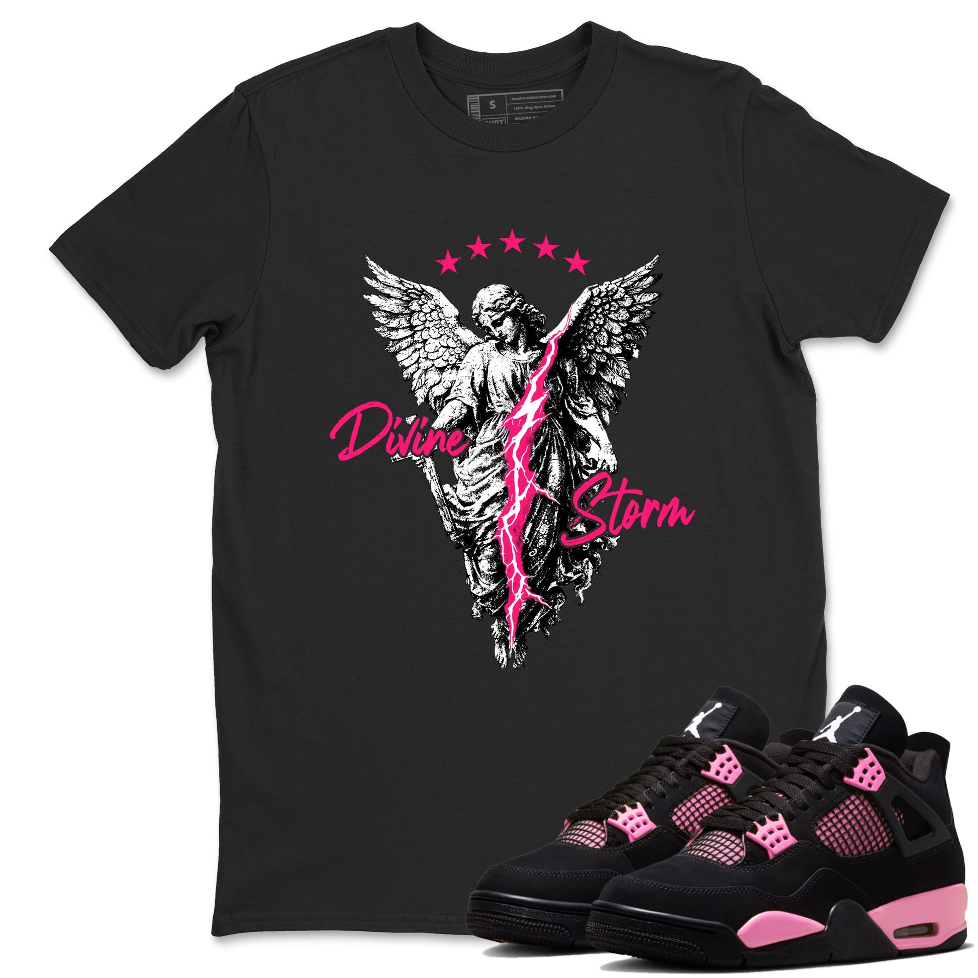Perfect Valentine's Day Gifts graphic tee  – Sneaker Tees To Match Air Jordan 4 Pink Thunder – Divine Storm Tee Black 1