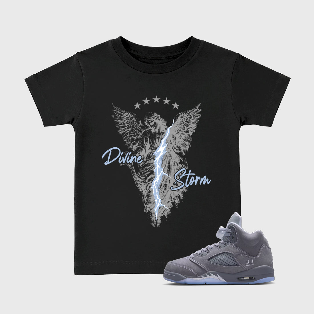Sneakerfit for Sneakerheads – Sneaker Tees To Match Air Jordan 5 Wolf Grey Sneakers – Divine Storm Kids T-Shirt Black 1