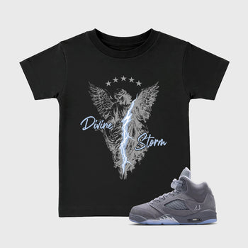 Sneakerfit for Sneakerheads – Sneaker Tees To Match Air Jordan 5 Wolf Grey Sneakers – Divine Storm Kids T-Shirt Black 1