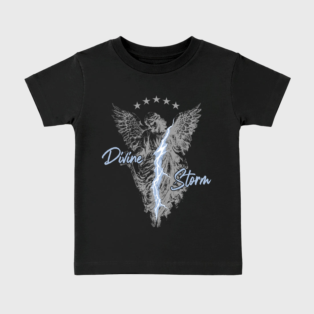 Sneakerfit for Sneakerheads – Sneaker Tees To Match Air Jordan 5 Wolf Grey Sneakers – Divine Storm Kids T-Shirt Black 2
