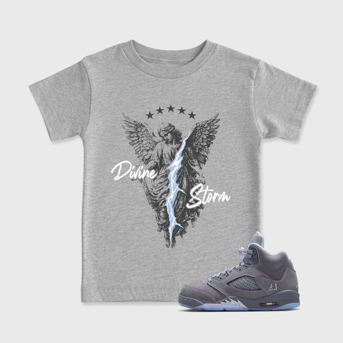 Sneakerfit for Sneakerheads – Sneaker Tees To Match Air Jordan 5 Wolf Grey Sneakers – Divine Storm Kids T-Shirt Heather Grey 1