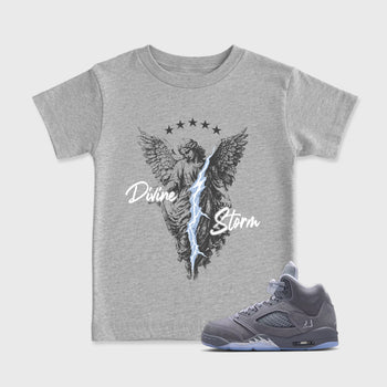 Sneakerfit for Sneakerheads – Sneaker Tees To Match Air Jordan 5 Wolf Grey Sneakers – Divine Storm Kids T-Shirt Heather Grey 1