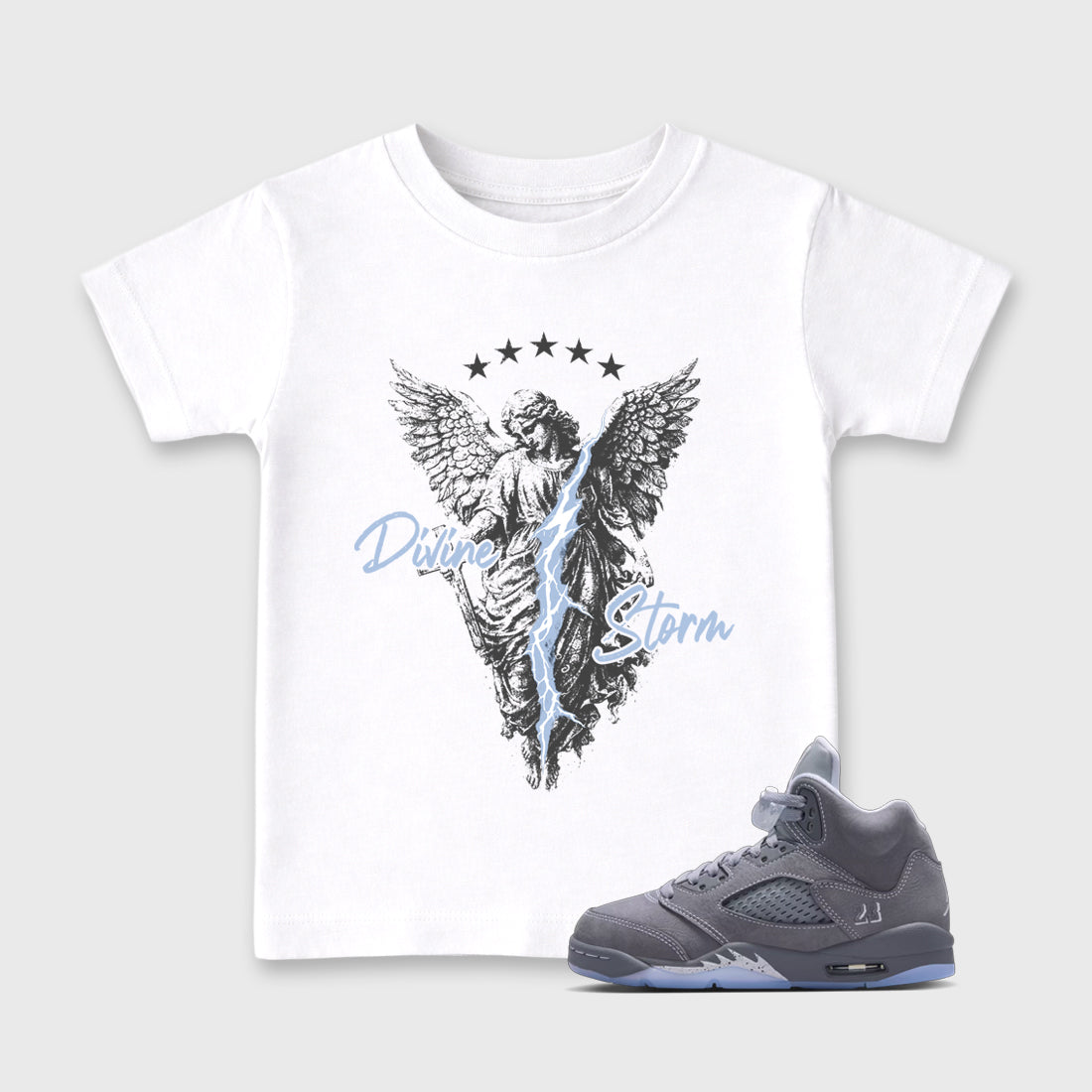 Sneakerfit for Sneakerheads – Sneaker Tees To Match Air Jordan 5 Wolf Grey Sneakers – Divine Storm Kids T-Shirt White 1
