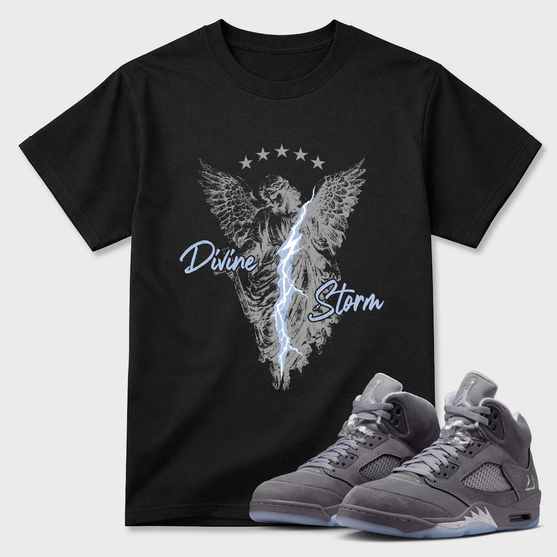 Sneakerfit for Sneakerheads – Sneaker Tees To Match Air Jordan 5 Wolf Grey Sneakers – Divine Storm Tee Black 1