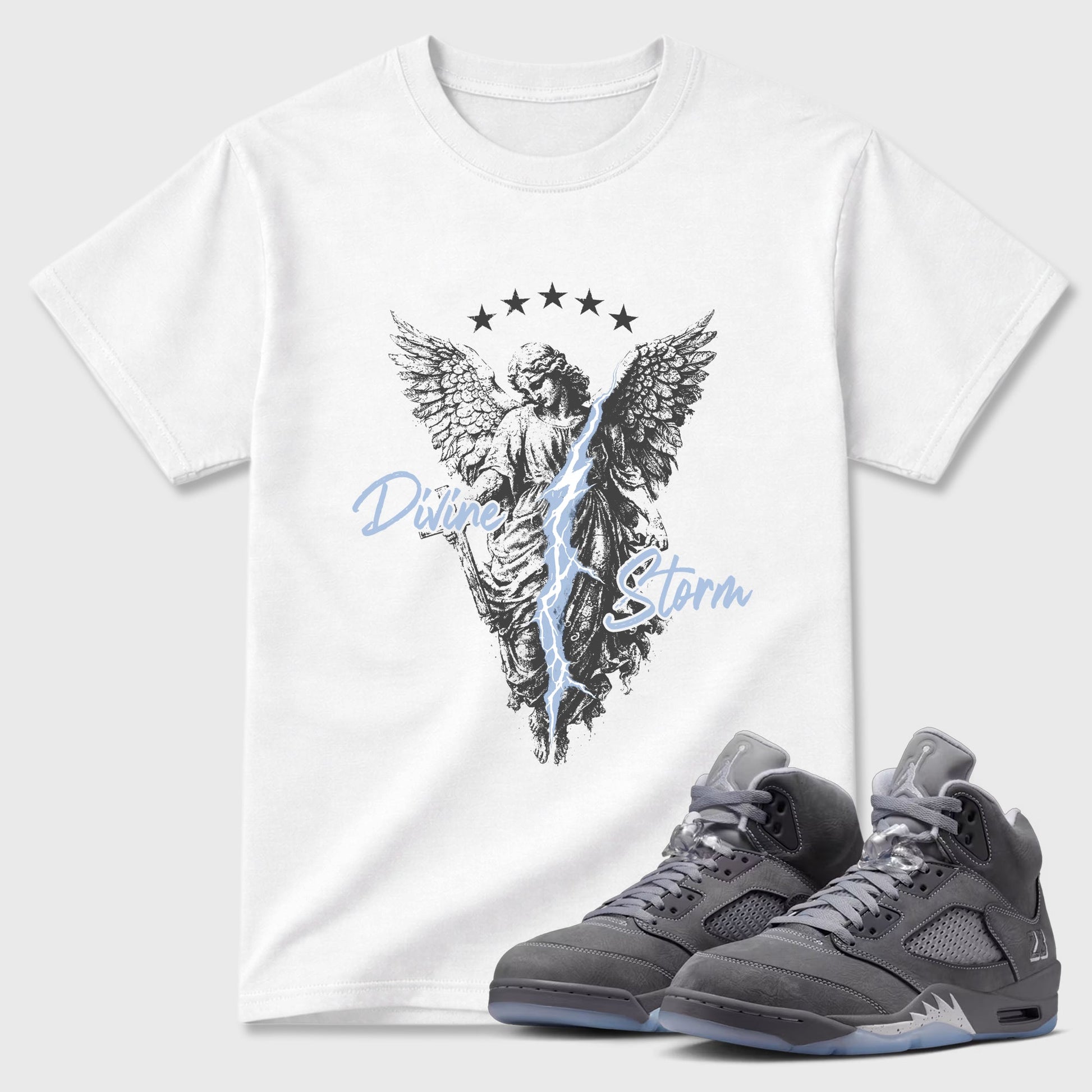 Sneakerfit for Sneakerheads – Sneaker Tees To Match Air Jordan 5 Wolf Grey Sneakers – Divine Storm Tee White 1