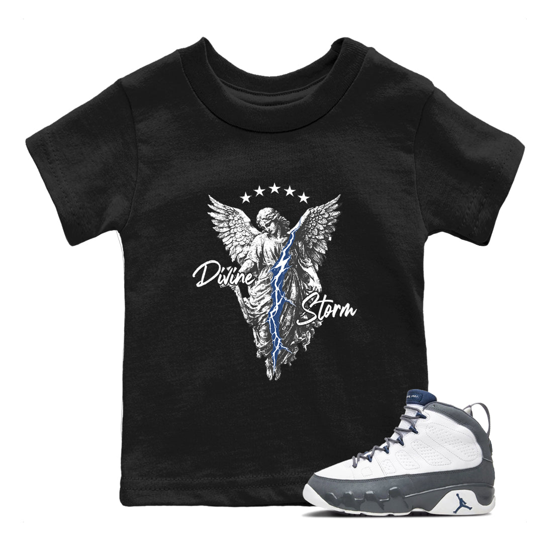 Sneaker match tees – Sneaker Tees To Match Air Jordan 9 Flint Grey Shoes – Divine Storm Kids T-Shirt Black 1