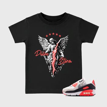 Sneaker match tees – Sneaker Tees To Match Air Max 90 Infrared Shoes – Divine Storm Kids T-Shirt Black 1