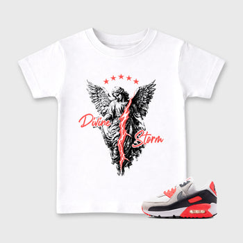Sneaker match tees – Sneaker Tees To Match Air Max 90 Infrared Shoes – Divine Storm Kids T-Shirt White 1