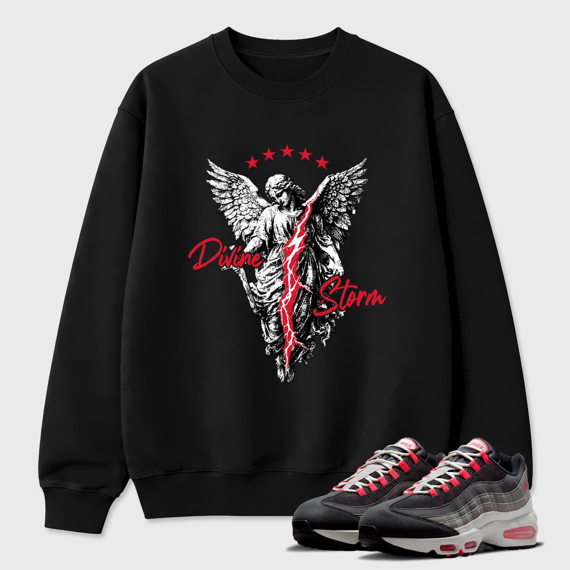Divine Storm Graphic T-Shirt featuring original streetwear artwork designed to match the Air Max 95 Reverse Solar Red. Black 1 Graphic Tee.