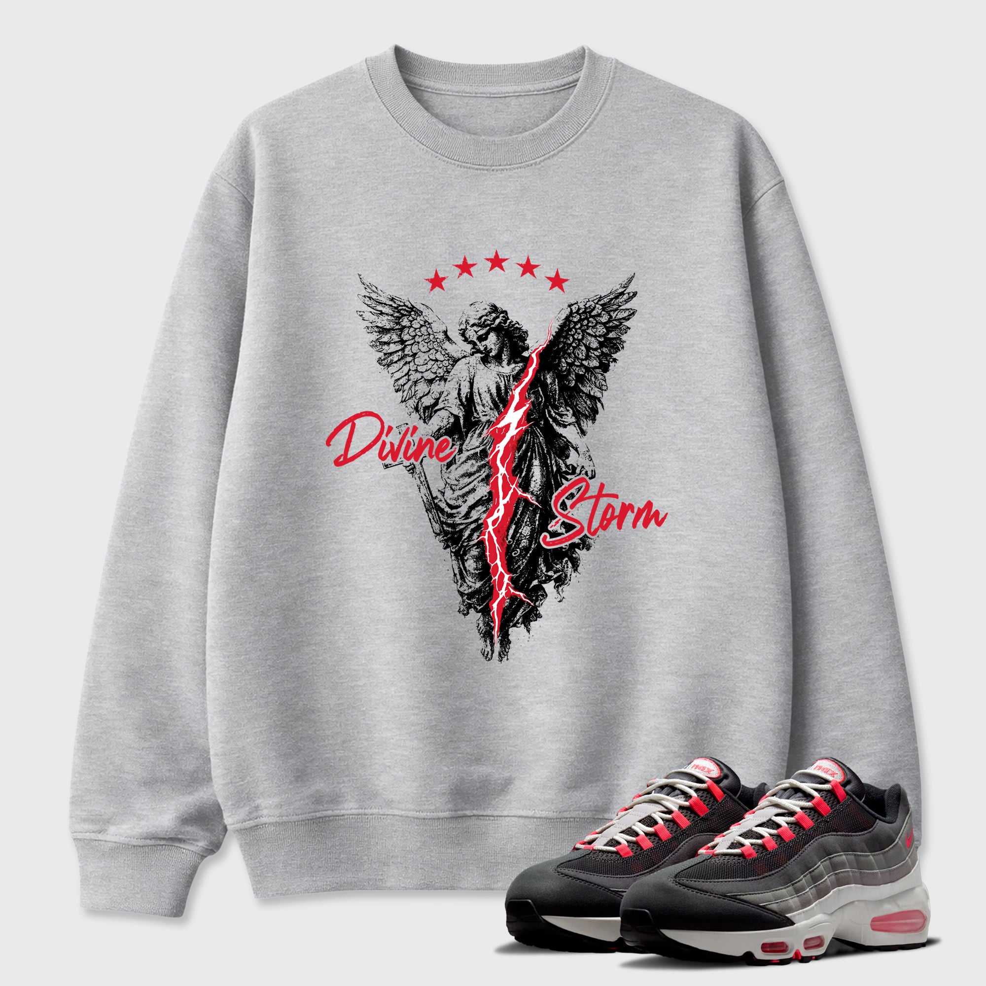 Divine Storm Graphic T-Shirt featuring original streetwear artwork designed to match the Air Max 95 Reverse Solar Red. Heather Grey 1 Graphic Tee.