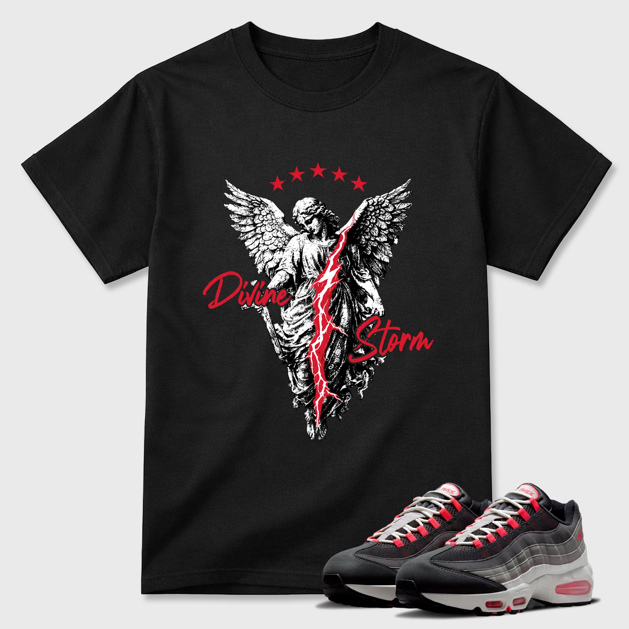 Divine Storm Graphic T-Shirt featuring original streetwear artwork designed to match the Air Max 95 Reverse Solar Red. Black 1 Graphic T-Shirt.