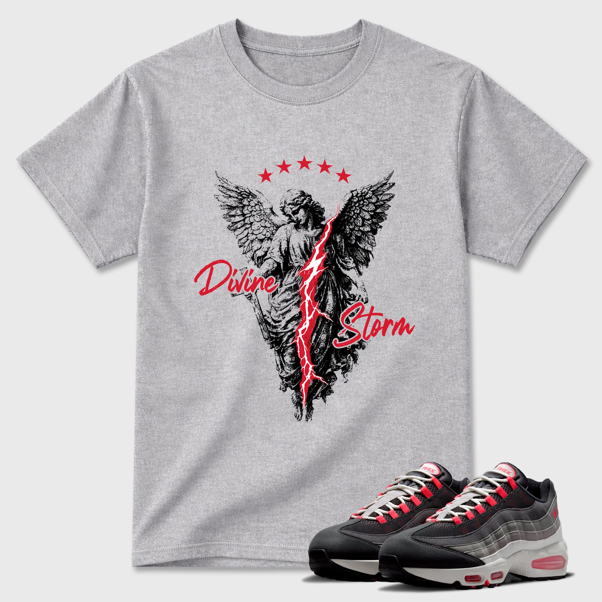 Divine Storm Graphic T-Shirt featuring original streetwear artwork designed to match the Air Max 95 Reverse Solar Red. Heather Grey 1 Graphic T-Shirt.