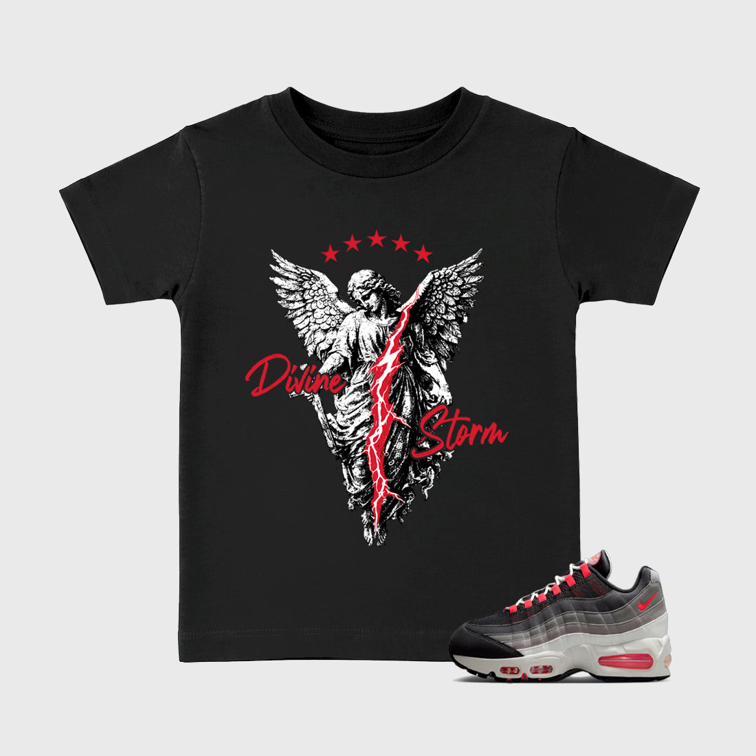 Divine Storm Baby & Kids Graphic T-Shirt featuring original artwork designed to match the Air Max 95 Reverse Solar Red. Black 1 Kids Graphic Tee.
