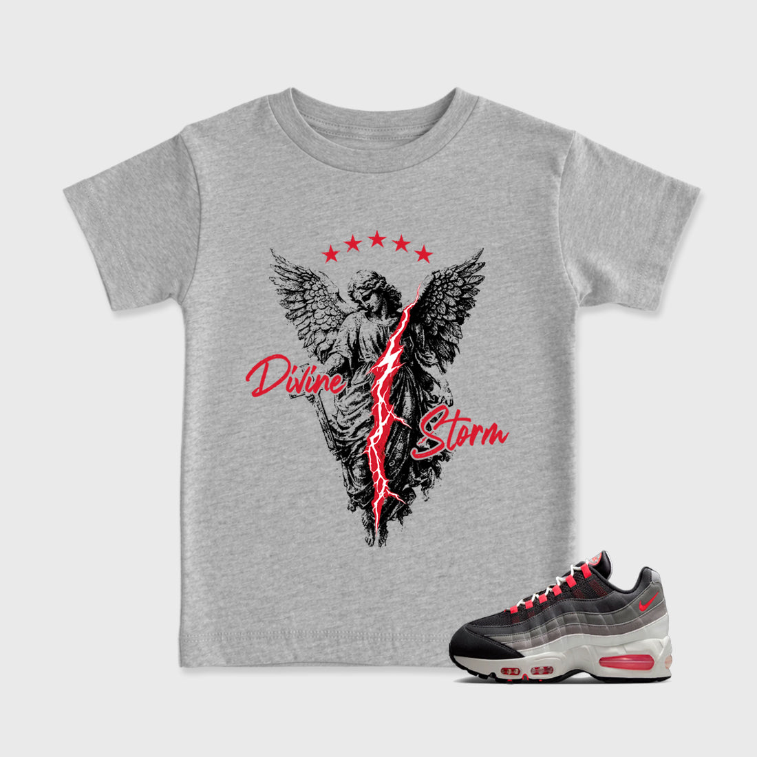 Divine Storm Baby & Kids Graphic T-Shirt featuring original artwork designed to match the Air Max 95 Reverse Solar Red. Heather Grey 1 Kids Graphic Tee.