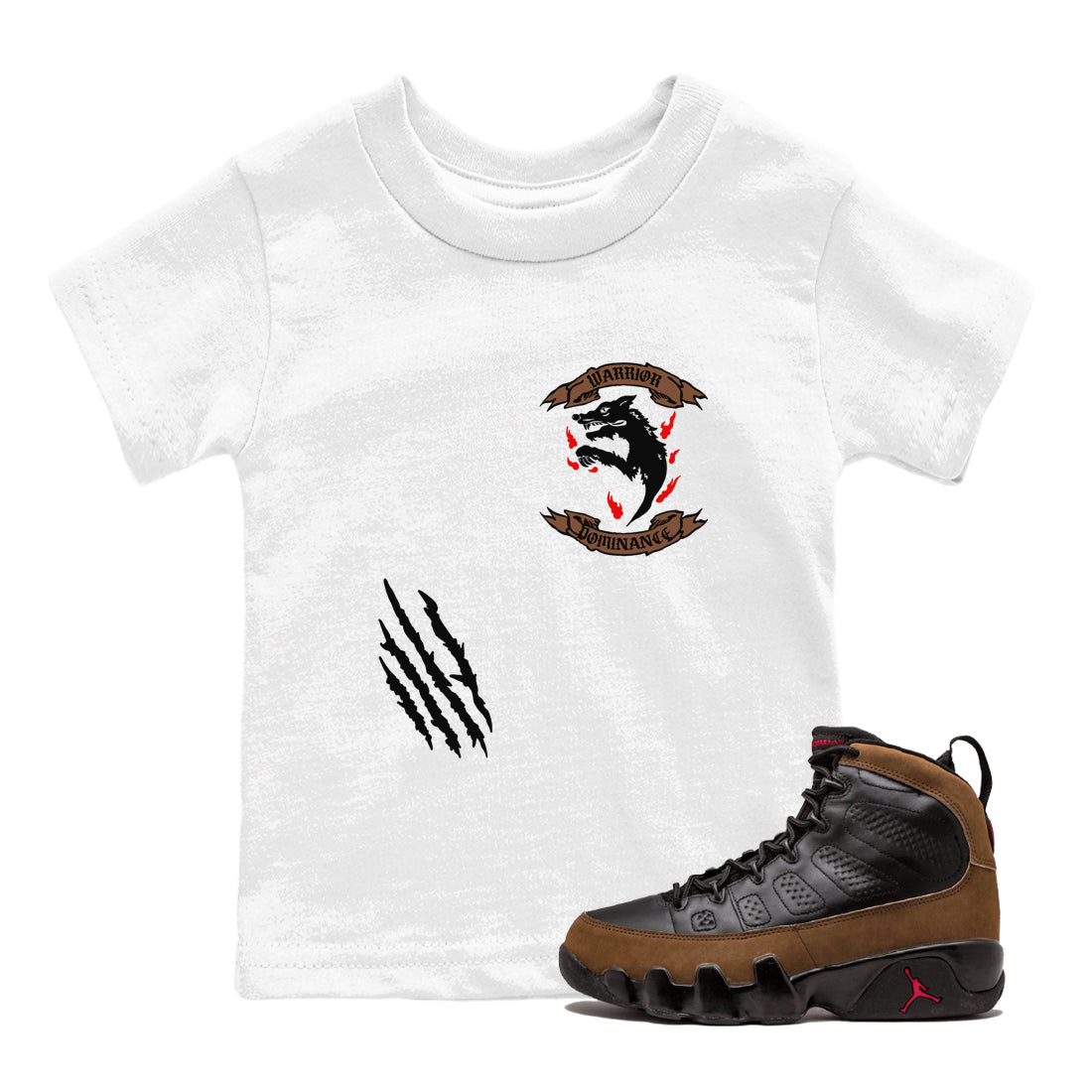9s Olive shirts to match jordans Dominant Wolf sneaker match tees Air Jordan 9 Olive match shoes to clothes SNRT Sneaker Tees Youth Baby White 1 tee