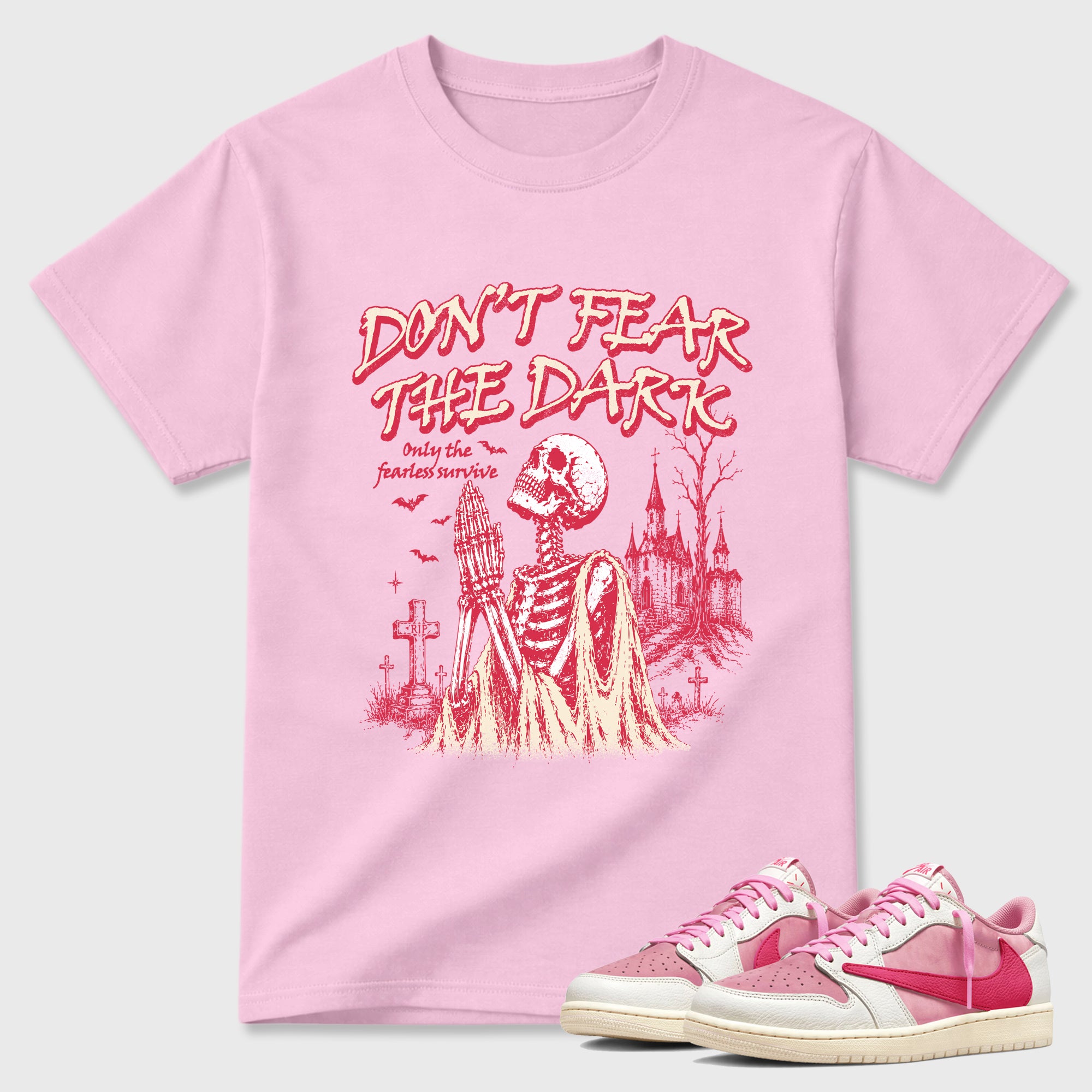 Don't Fear the Dark Graphic T-Shirt featuring original streetwear artwork designed to match the Air Jordan 1 Travis Scott Tropical Pink. Pink 1 Graphic T-Shirt.
