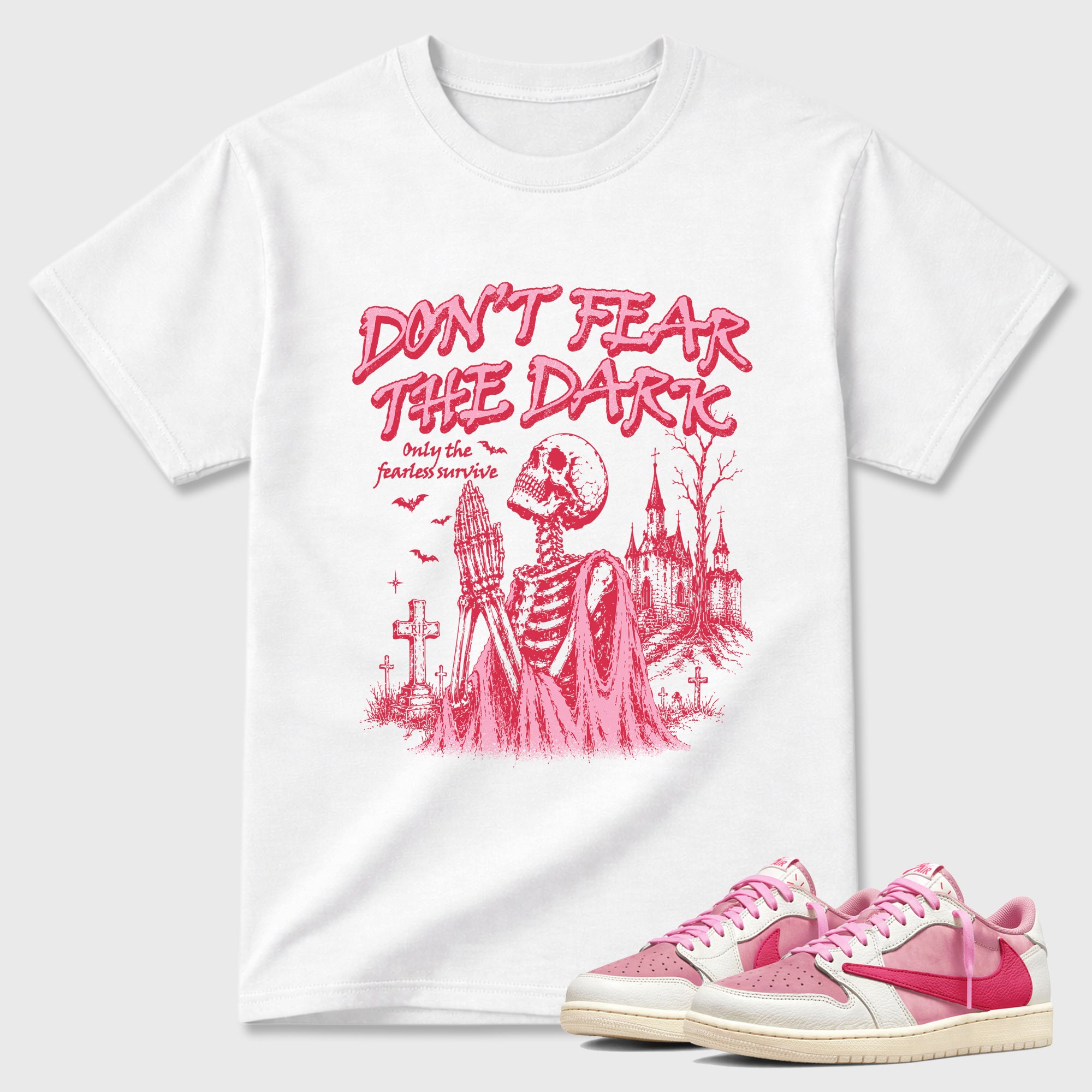 Don't Fear the Dark Graphic T-Shirt featuring original streetwear artwork designed to match the Air Jordan 1 Travis Scott Tropical Pink. White 1 Graphic T-Shirt.