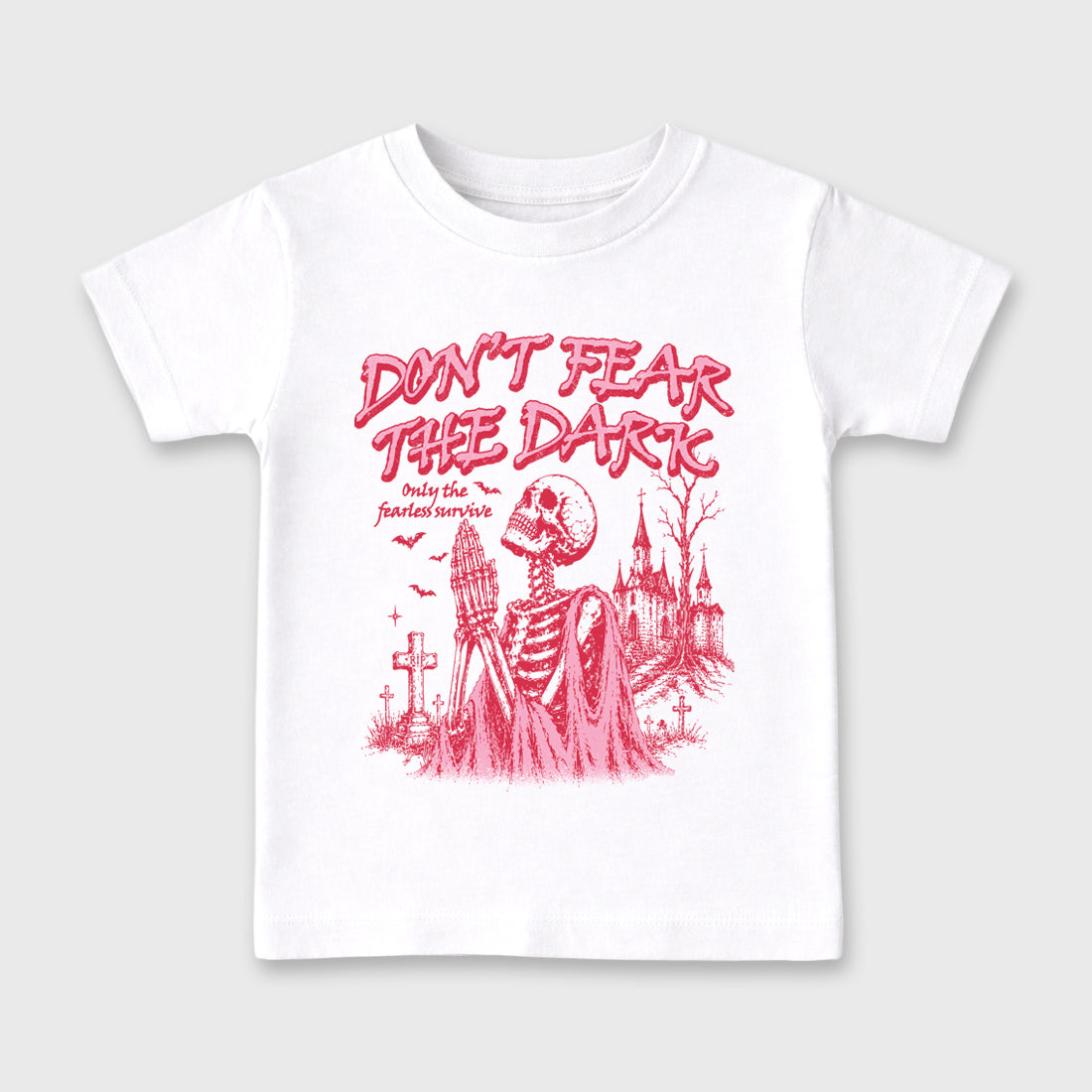 Don't Fear the Dark Baby & Kids Graphic T-Shirt featuring original artwork designed to match the Air Jordan 1 Travis Scott Tropical Pink. White 2 Kids Graphic Tee.