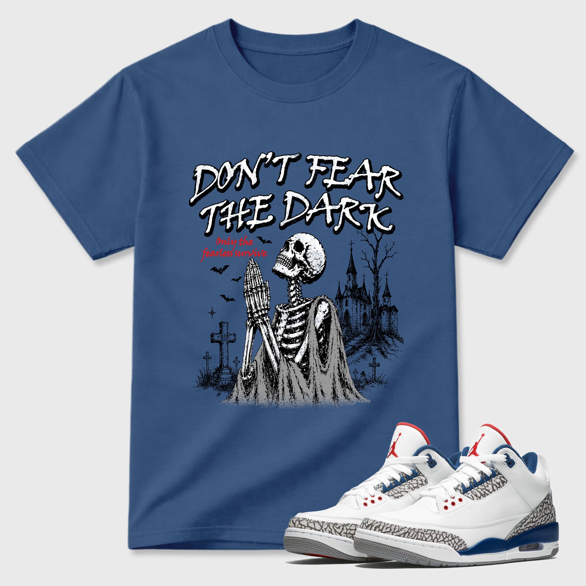Don't Fear the Dark Graphic T-Shirt featuring original streetwear artwork designed to match the Air Jordan 3 True Blue. Denim Blue 1 Graphic T-Shirt.