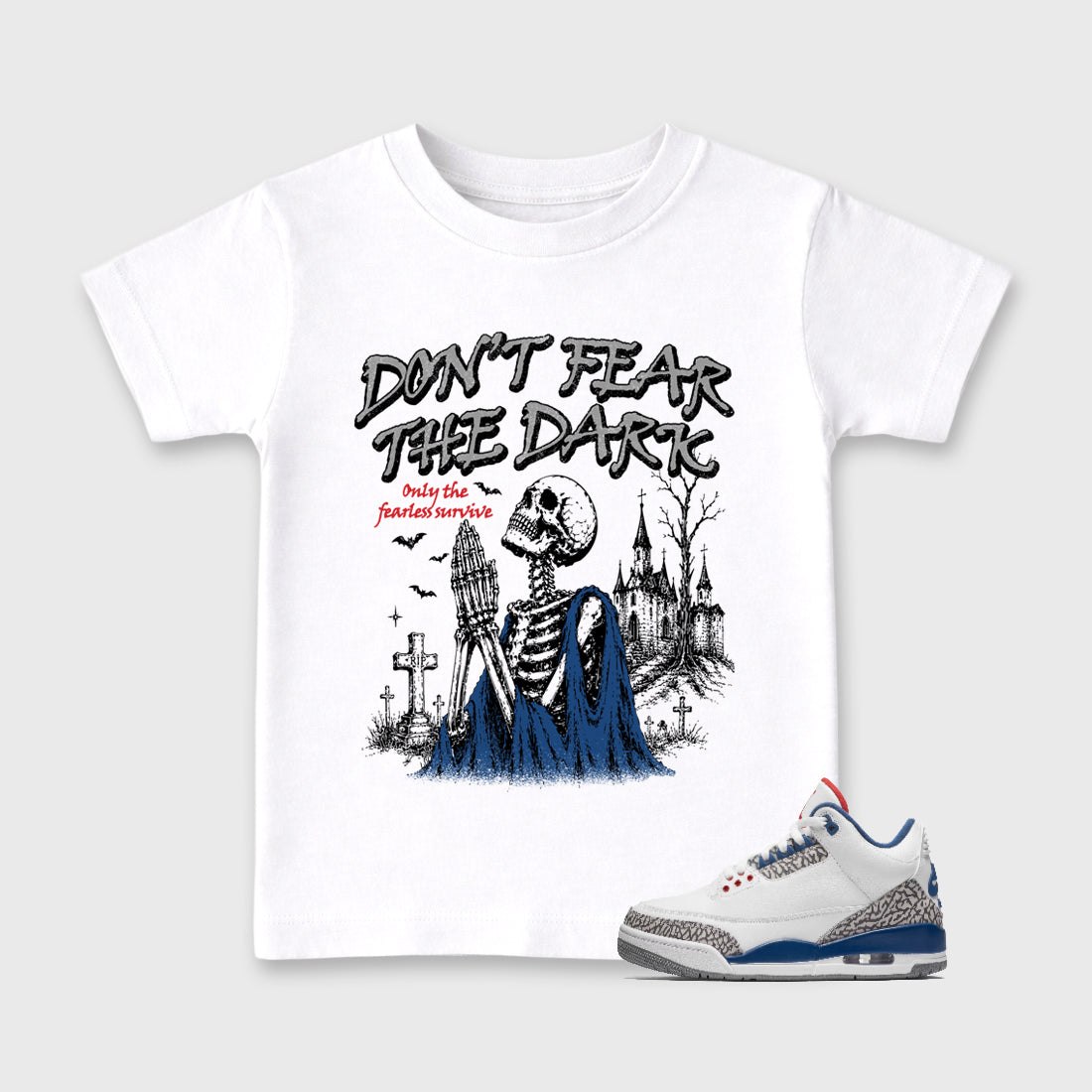 Don't Fear the Dark Baby & Kids Graphic T-Shirt featuring original artwork designed to match the Air Jordan 3 True Blue. White 1 Kids Graphic Tee.