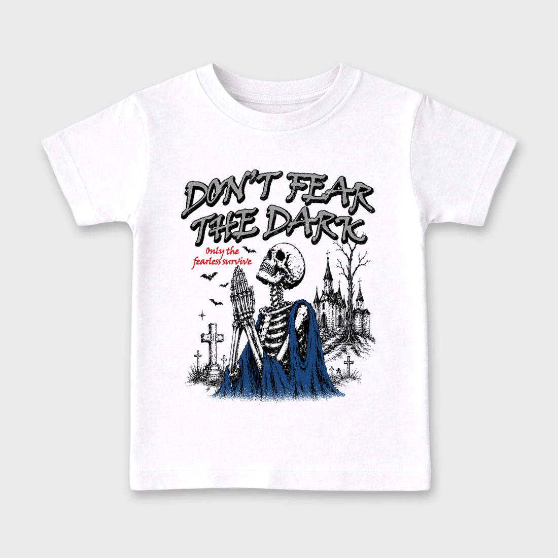 Don't Fear the Dark Baby & Kids Graphic T-Shirt featuring original artwork designed to match the Air Jordan 3 True Blue. White 2 Kids Graphic Tee.