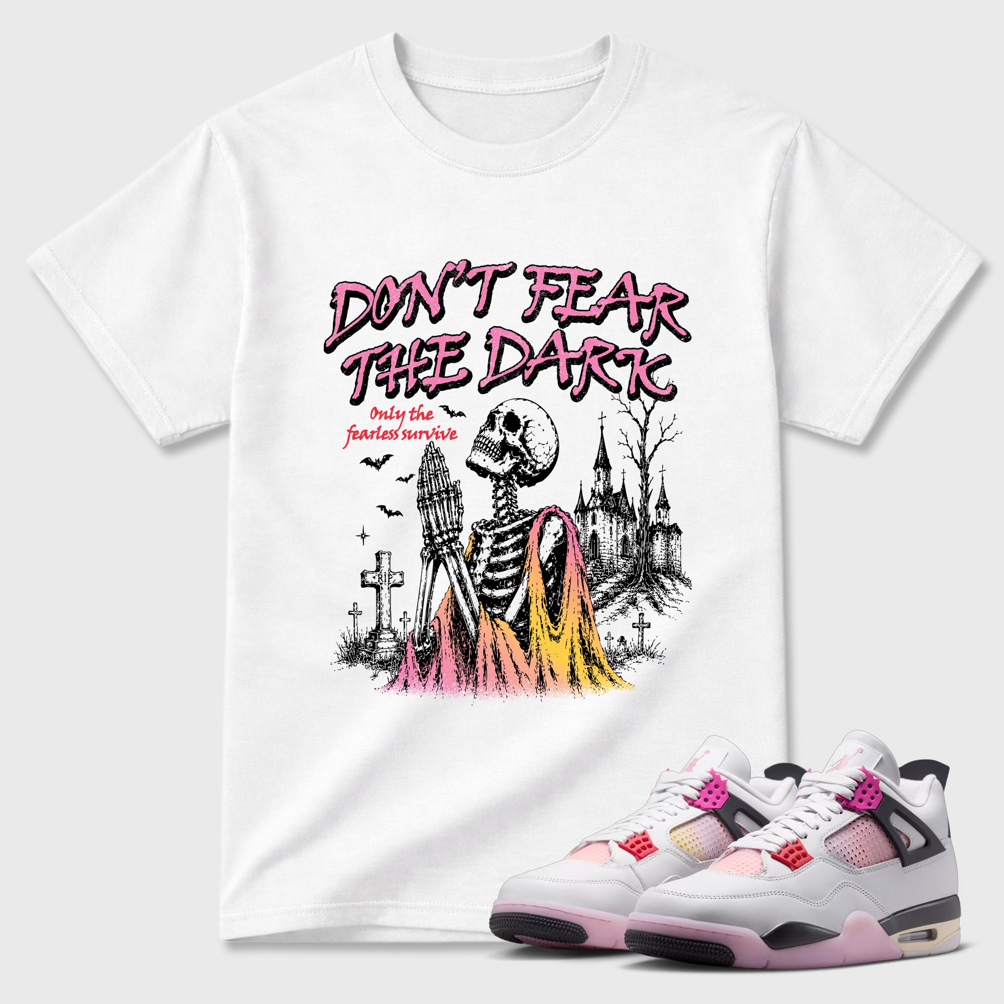 Don't Fear the Dark Graphic T-Shirt featuring original streetwear artwork designed to match the Air Jordan 4 Comic. White 1 Graphic T-Shirt.