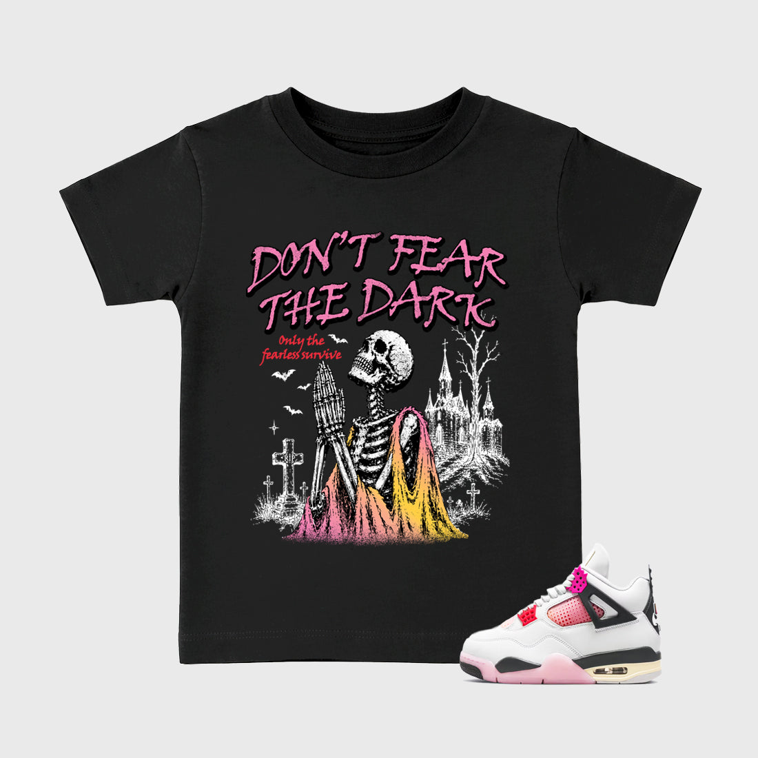 Don't Fear the Dark Baby & Kids Graphic T-Shirt featuring original artwork designed to match the Air Jordan 4 Comic. Black 1 Kids Graphic Tee.