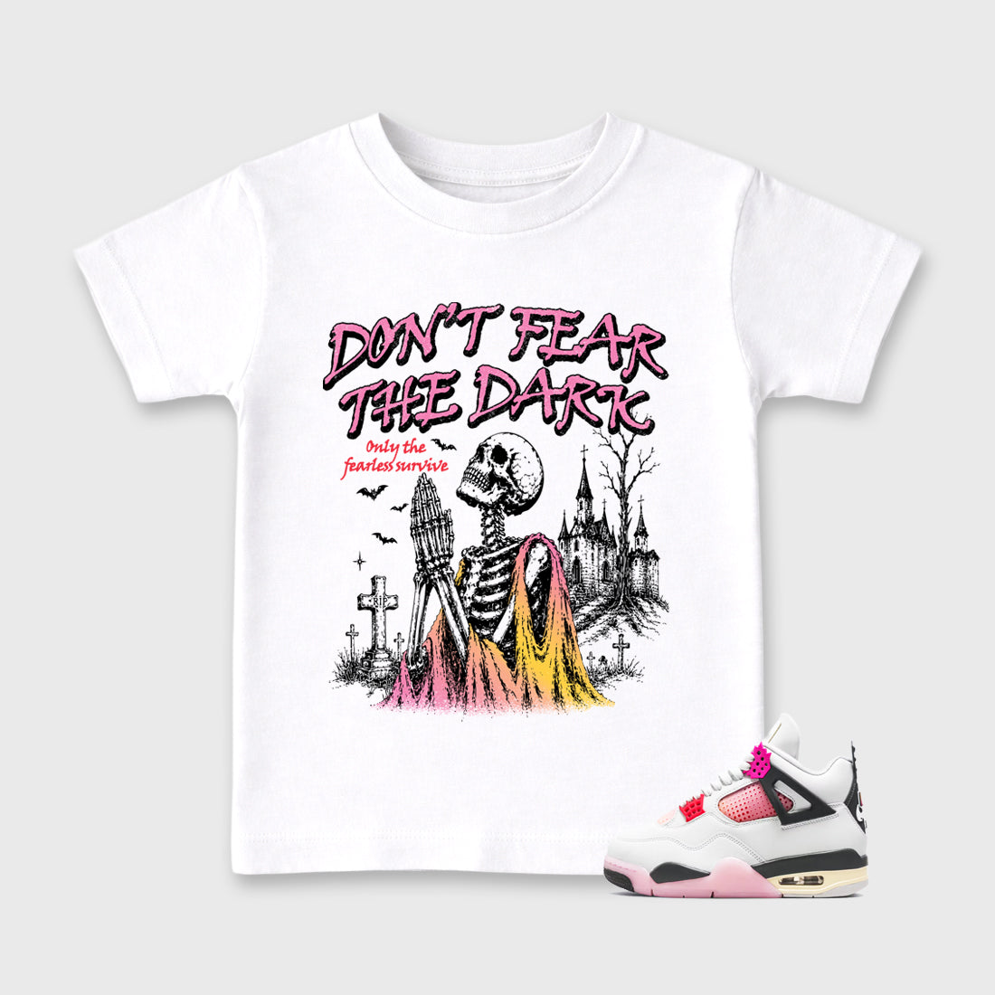 Don't Fear the Dark Baby & Kids Graphic T-Shirt featuring original artwork designed to match the Air Jordan 4 Comic. White 1 Kids Graphic Tee.