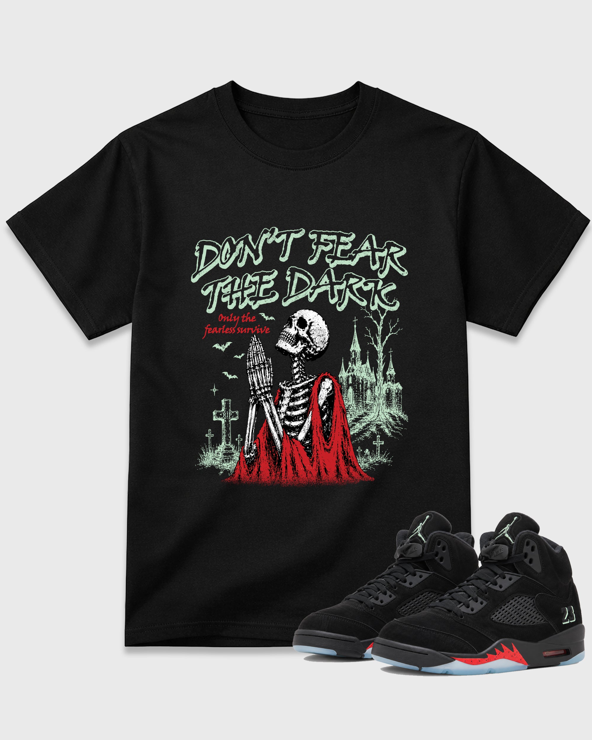 Don't Fear the Dark Graphic T-Shirt featuring original streetwear artwork designed to match the Air Jordan 5 Halloween. Black 1 Graphic T-Shirt.