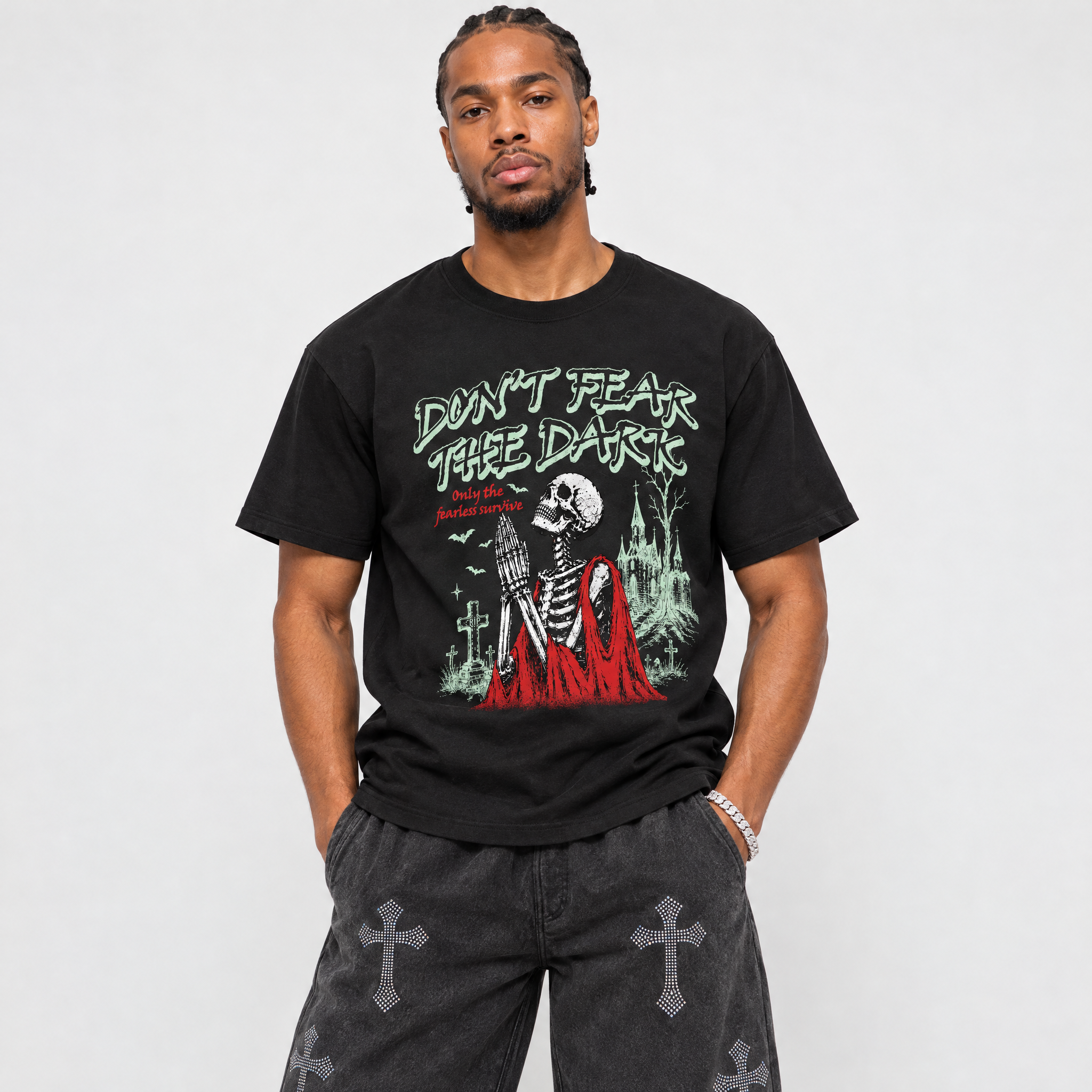 Don't Fear the Dark Graphic T-Shirt featuring original streetwear artwork designed to match the Air Jordan 5 Halloween. Black 1 Graphic T-Shirt.