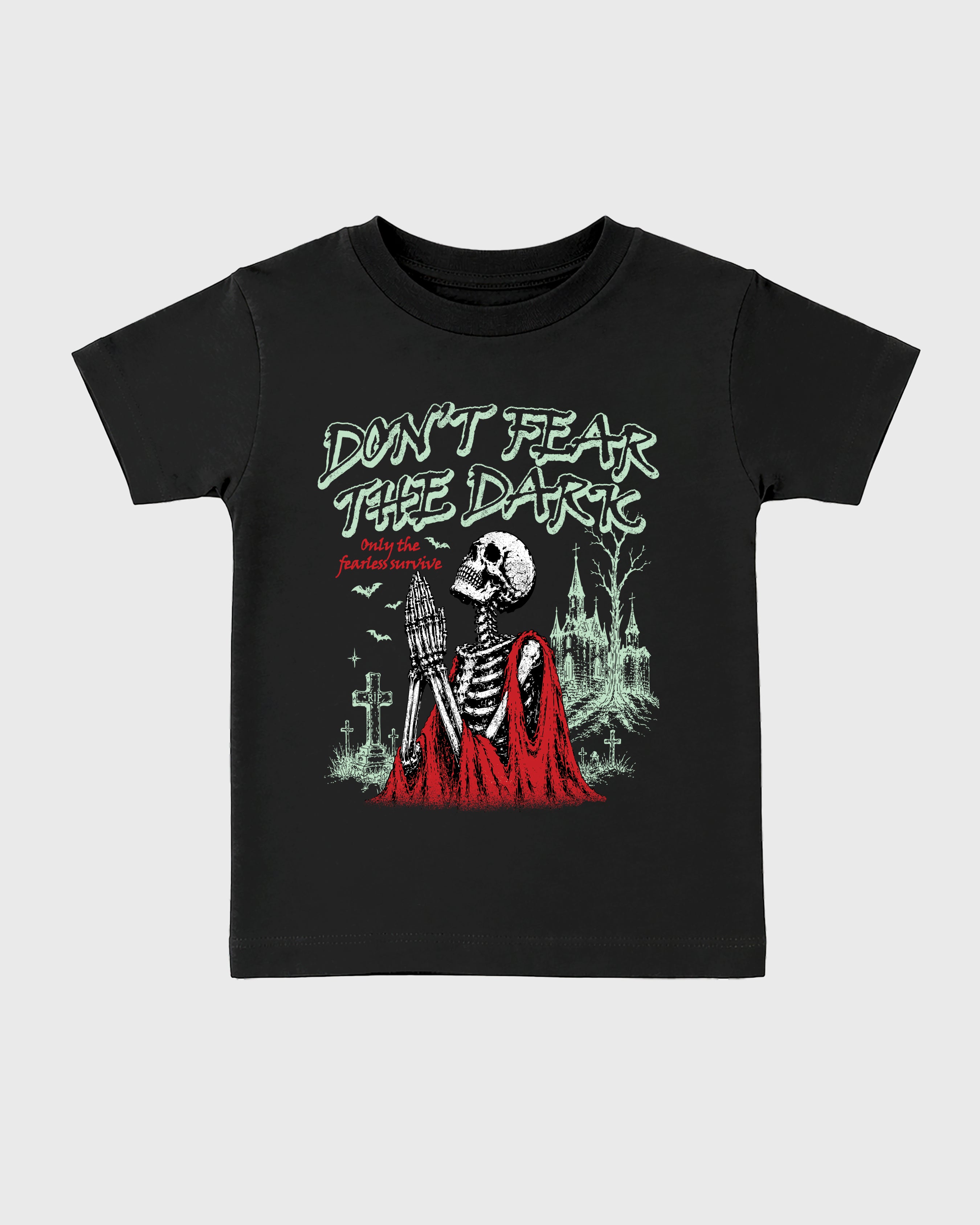 Don't Fear the Dark Baby & Kids Graphic T-Shirt featuring original artwork designed to match the Air Jordan 5 Halloween. Black 2 Kids Graphic Tee.
