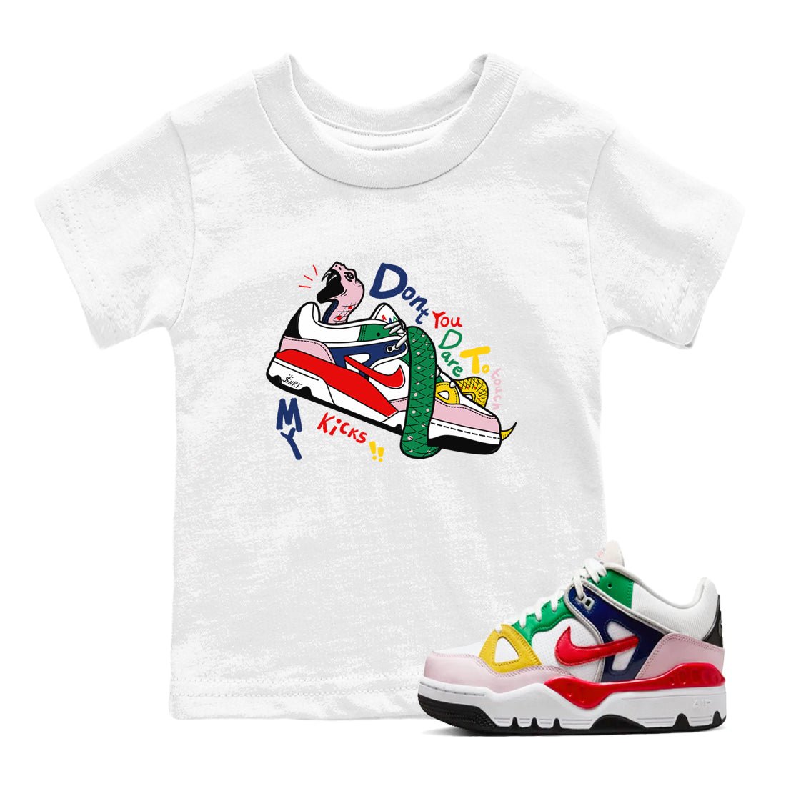 AF 3 Nigo shirtsto match jordans Don't Touch My Kicks sneaker match tees Air Force 3 Low x Nigo Blue Void and Tour Yellow match shoes to clothes SNRT Sneaker Tees Youth Baby White 1 tee