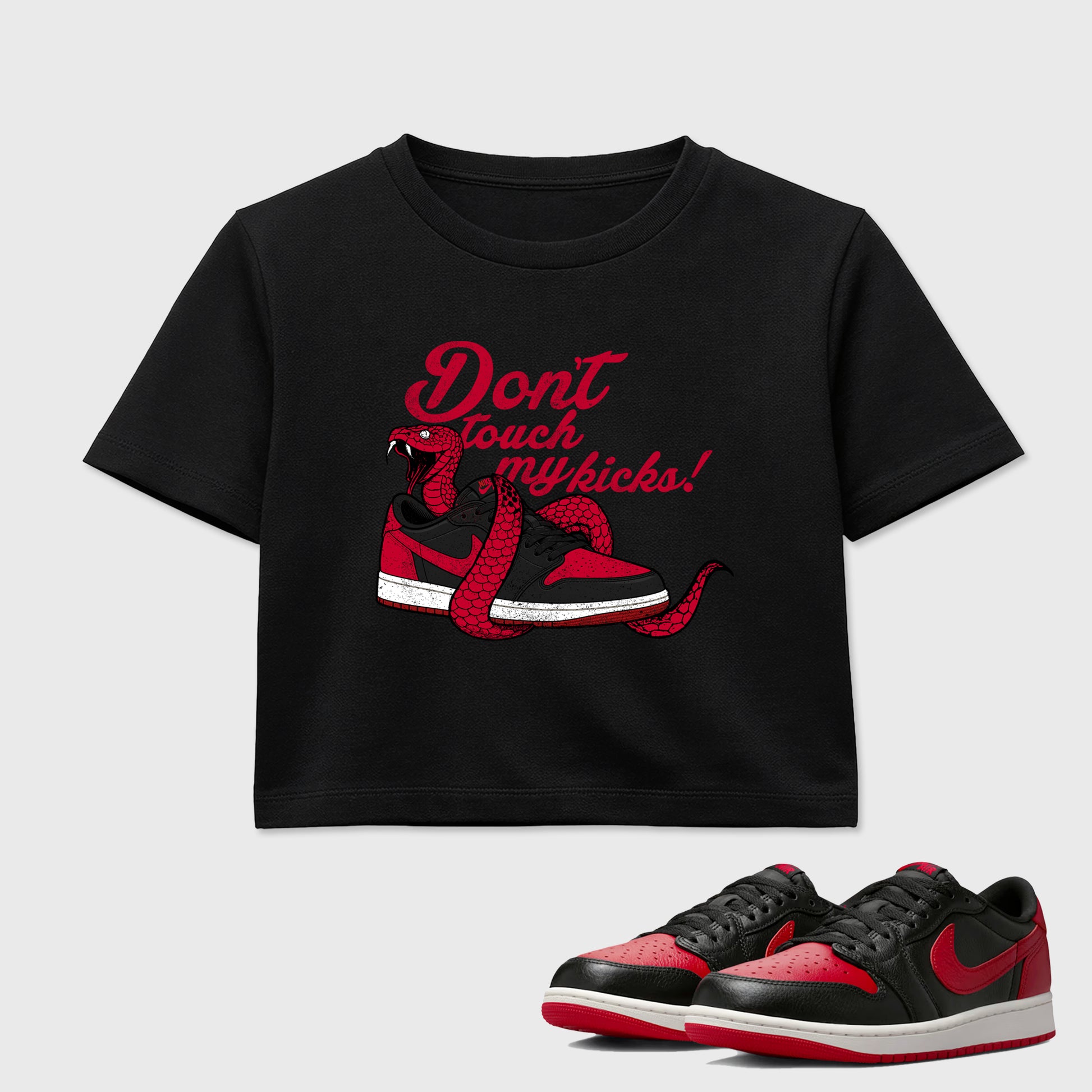 Sneaker match tees – Sneaker Tees To Match Air Jordan 1 Banned Shoes – Don't Touch My Kicks Crop T-Shirt Black 1