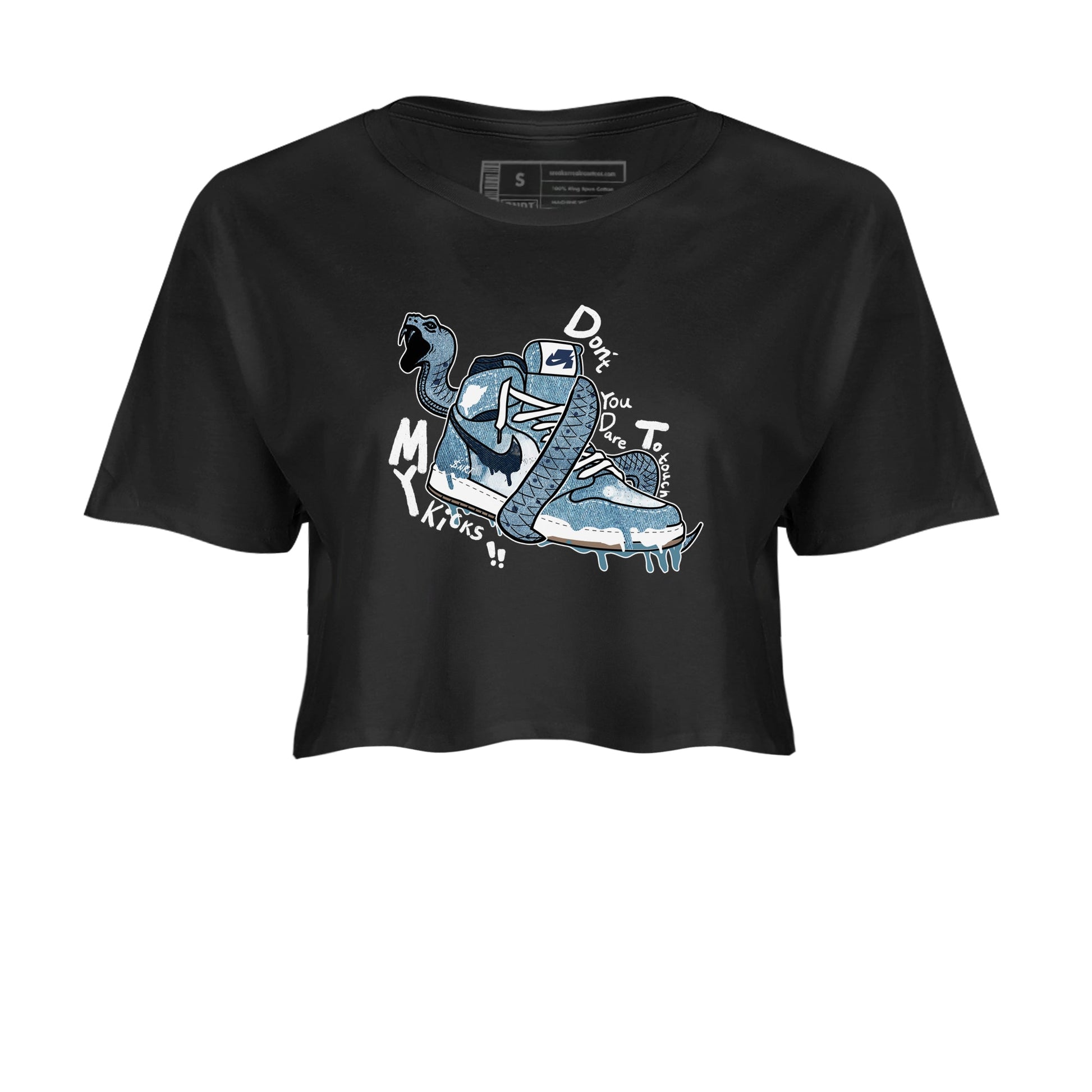1s Denim shirts to match jordans Don't Touch My Kicks sneaker match tees Air Jordan 1 Denim SNRT Sneaker Tees streetwear brand Black 2 crop tee