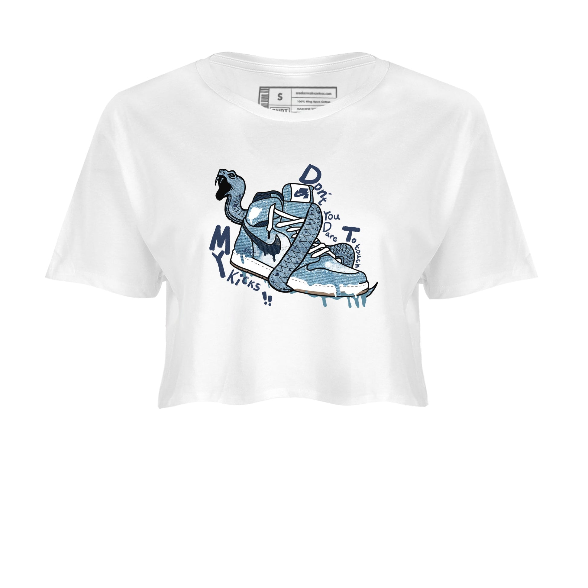 1s Denim shirts to match jordans Don't Touch My Kicks sneaker match tees Air Jordan 1 Denim SNRT Sneaker Tees streetwear brand White 2 crop tee