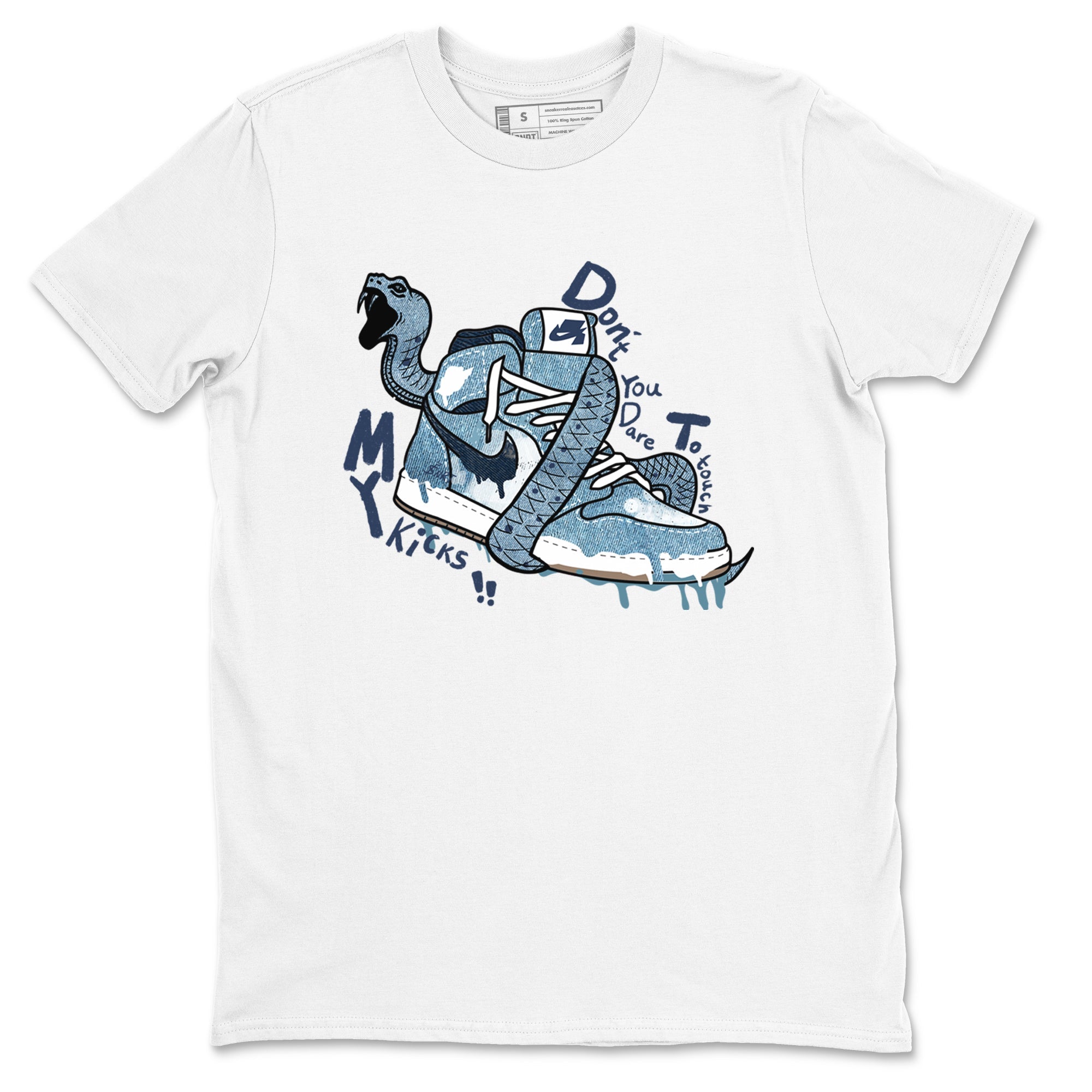 1s Denim shirts to match jordans Don't Touch My Kicks sneaker match tees Air Jordan 1 Denim SNRT Sneaker Tees streetwear brand White 2 unisex cotton tee