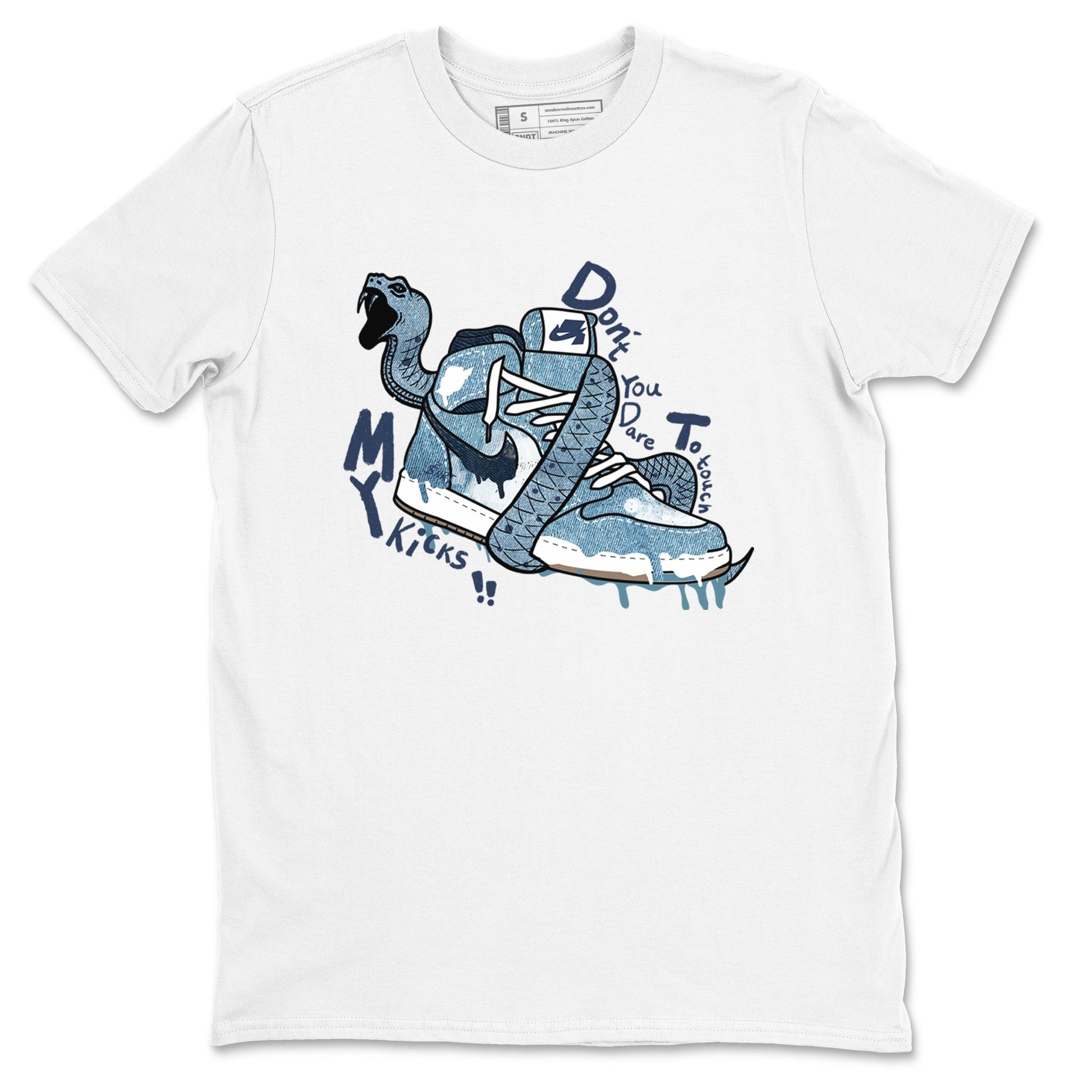 1s Denim shirts to match jordans Don't Touch My Kicks sneaker match tees Air Jordan 1 Denim SNRT Sneaker Tees streetwear brand White 2 unisex cotton tee