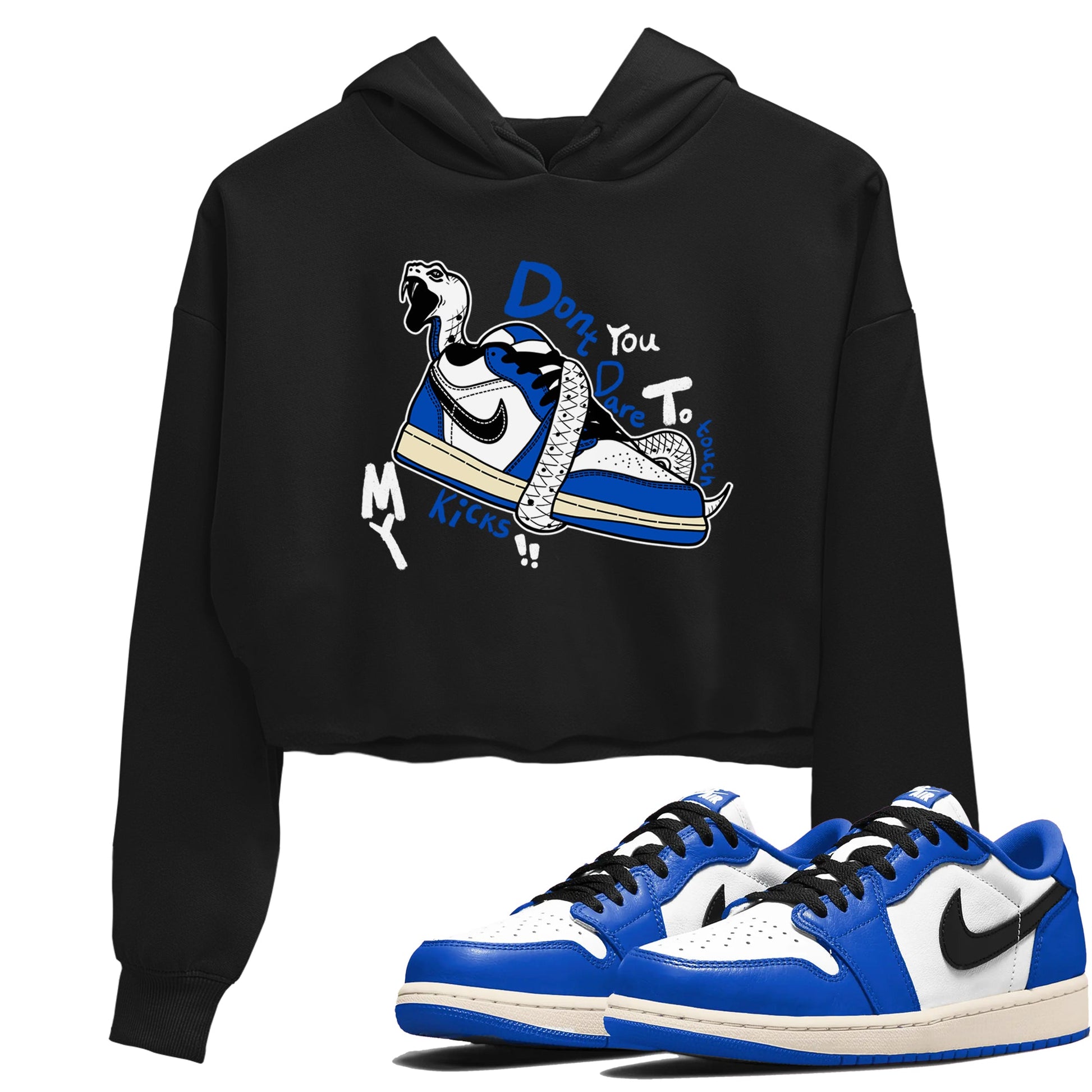 1s Game Royal shirts to match jordans Don't Touch My Kicks sneaker match tees Air Jordan 1 Retro Low OG Game Royal match shoes to clothes SNRT Sneaker Tees unisex cotton Black 1 crop tee