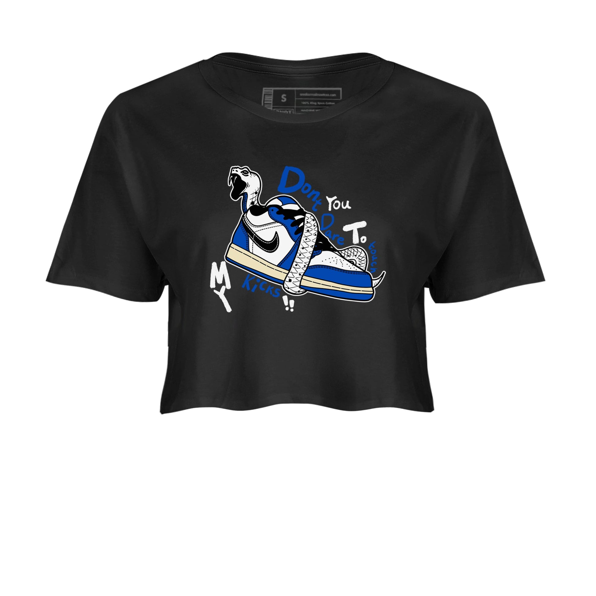 1s Game Royal shirts to match jordans Don't Touch My Kicks sneaker match tees Air Jordan 1 Retro Low OG Game Royal match shoes to clothes SNRT Sneaker Tees unisex cotton Black 2 crop tee
