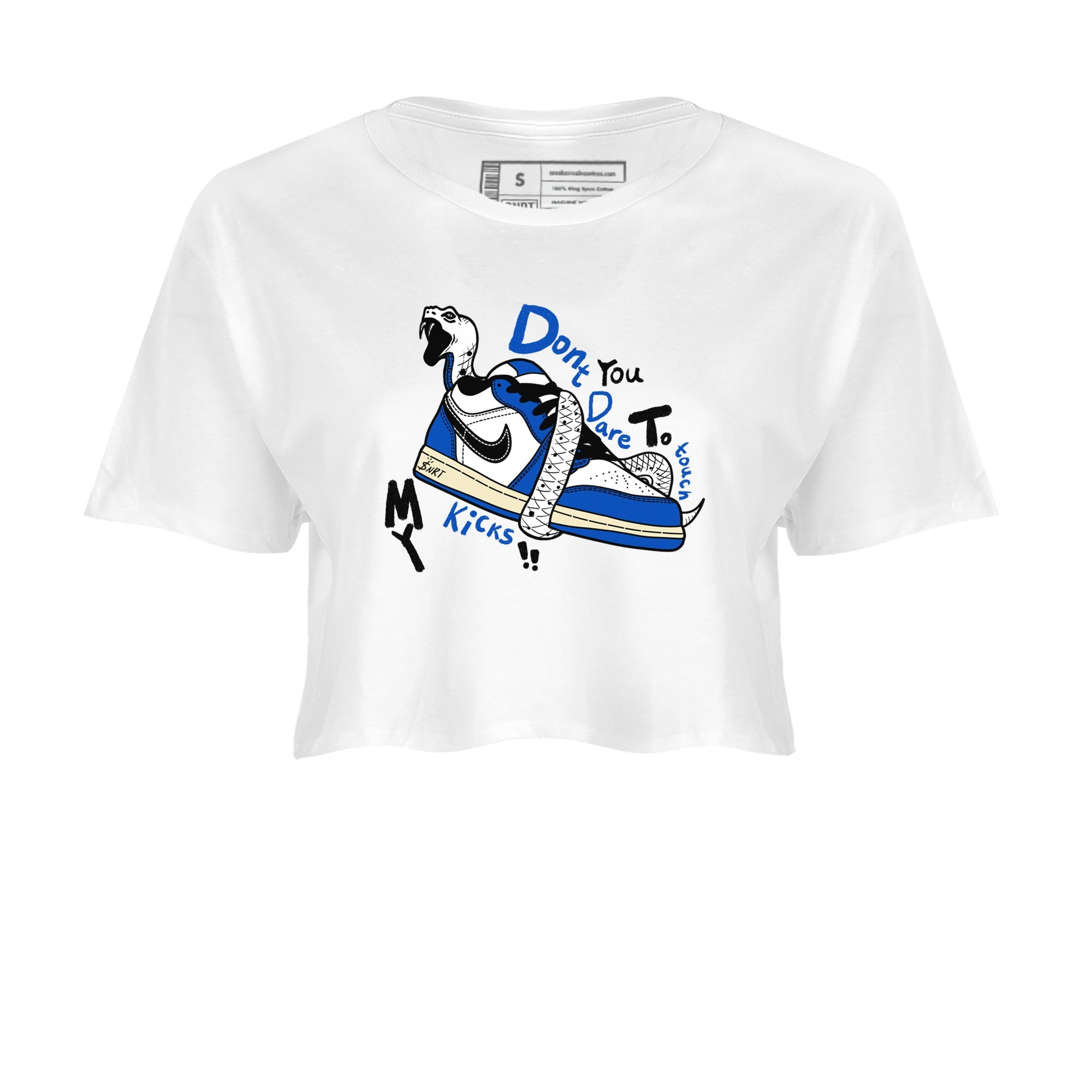 1s Game Royal shirts to match jordans Don't Touch My Kicks sneaker match tees Air Jordan 1 Retro Low OG Game Royal match shoes to clothes SNRT Sneaker Tees unisex cotton White 2 crop tee