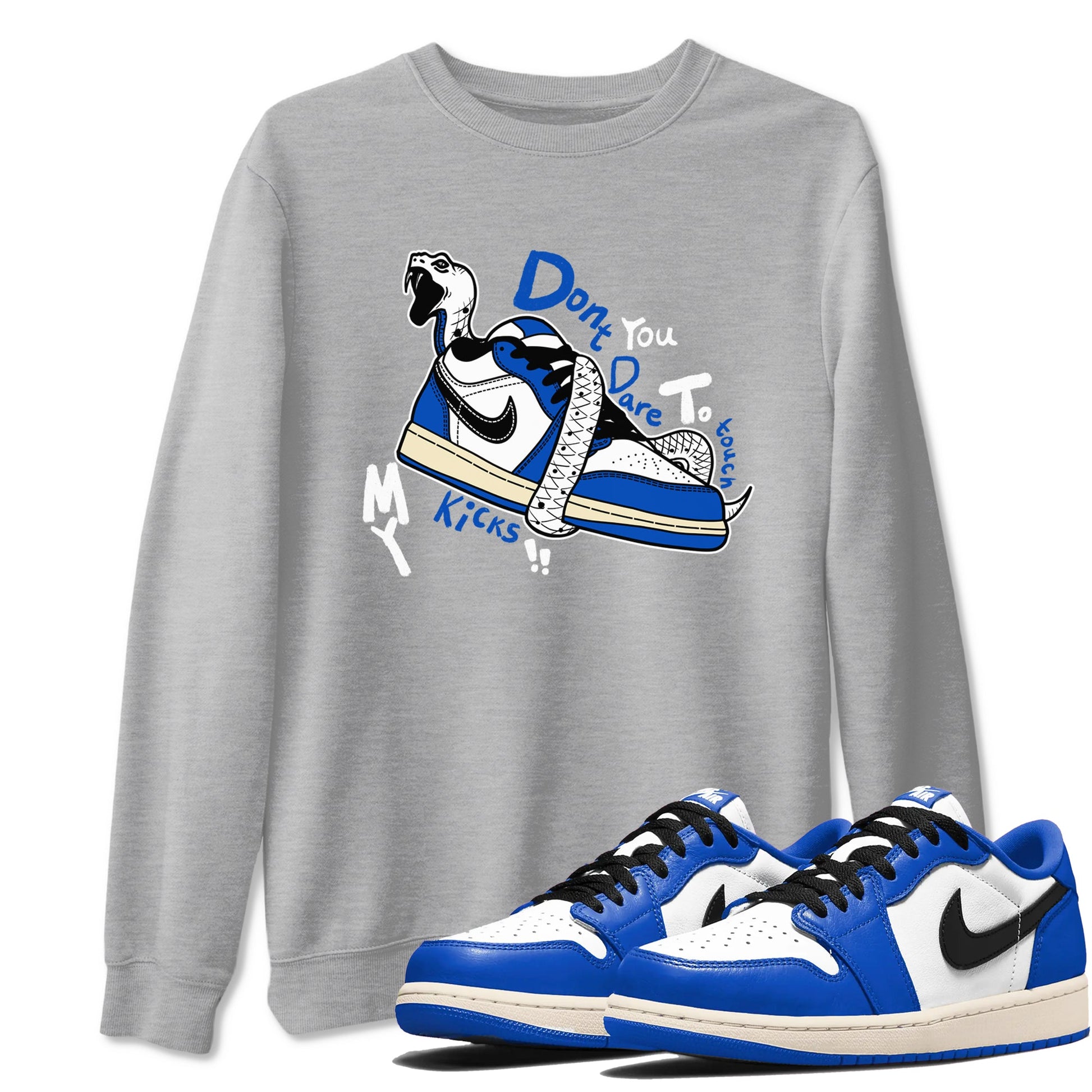 1s Game Royal shirts to match jordans Don't Touch My Kicks sneaker match tees Air Jordan 1 Retro Low OG Game Royal match shoes to clothes SNRT Sneaker Tees unisex cotton Heather Grey 1 shirts