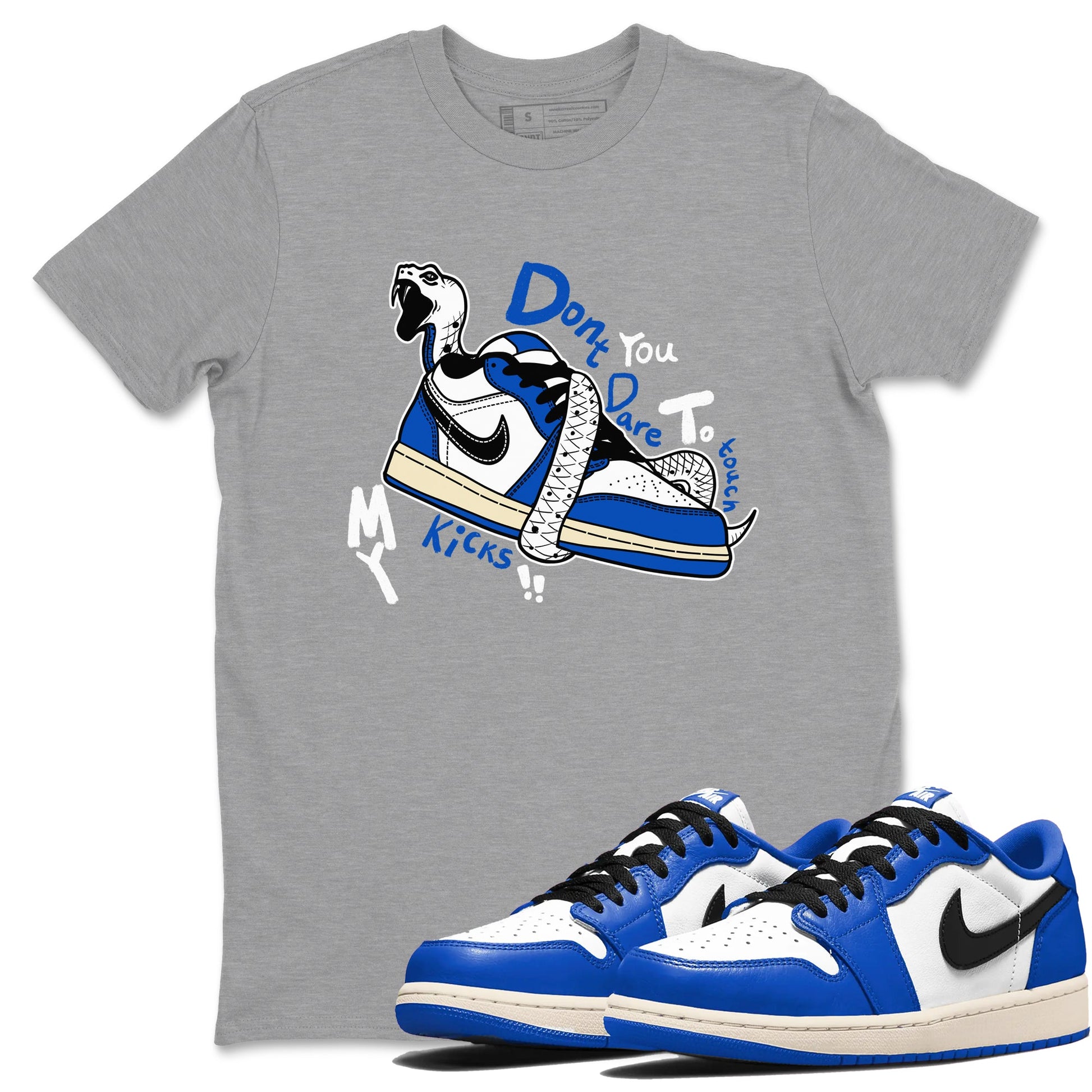 1s Game Royal shirts to match jordans Don't Touch My Kicks sneaker match tees Air Jordan 1 Retro Low OG Game Royal match shoes to clothes SNRT Sneaker Tees unisex cotton Heather Grey 1 shirts