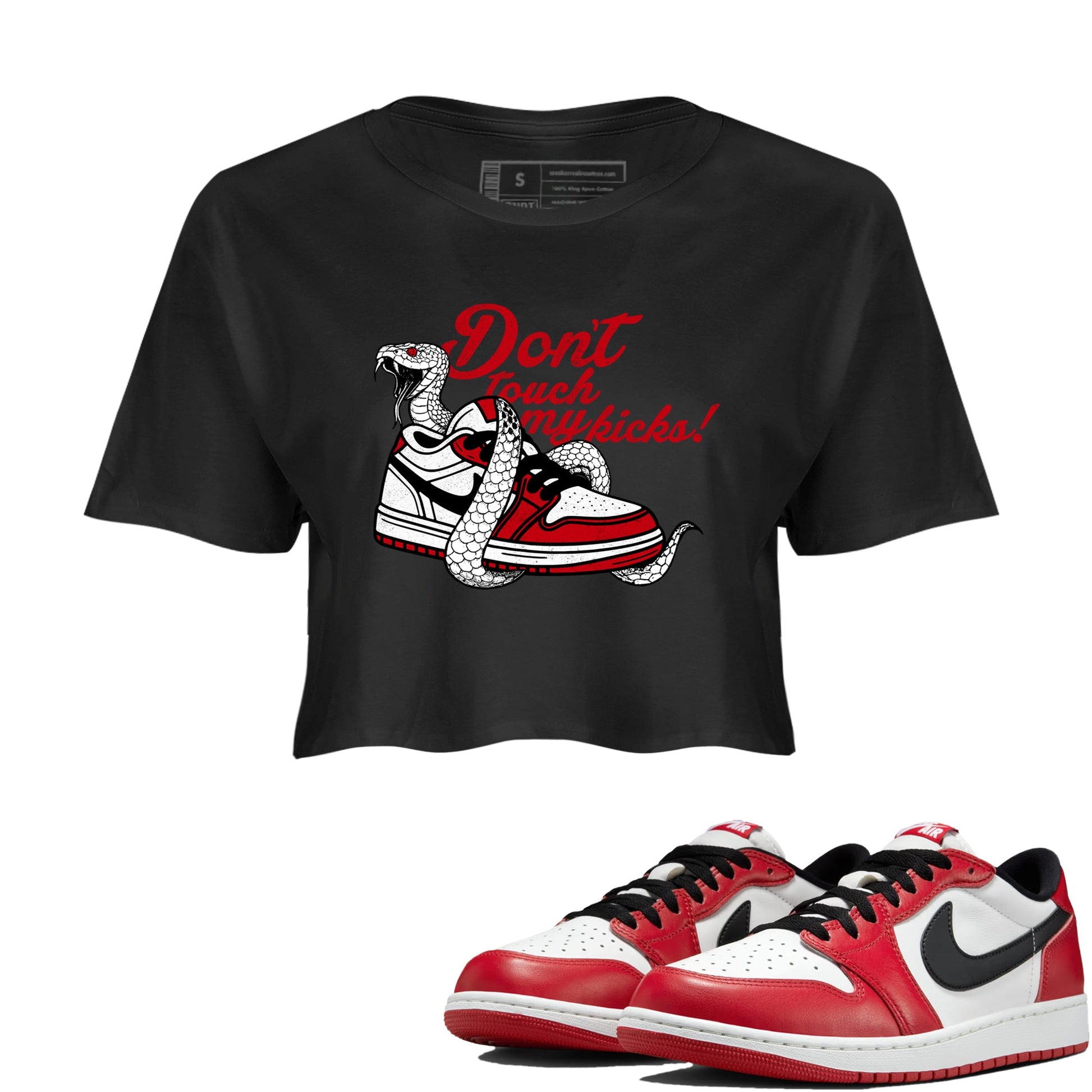 Best Sneakerfit graphic tee – Sneaker Tees To Match Air Jordan 1 Low Chicago Sneakers – Don't Touch My Kicks Crop T-Shirt Black 1