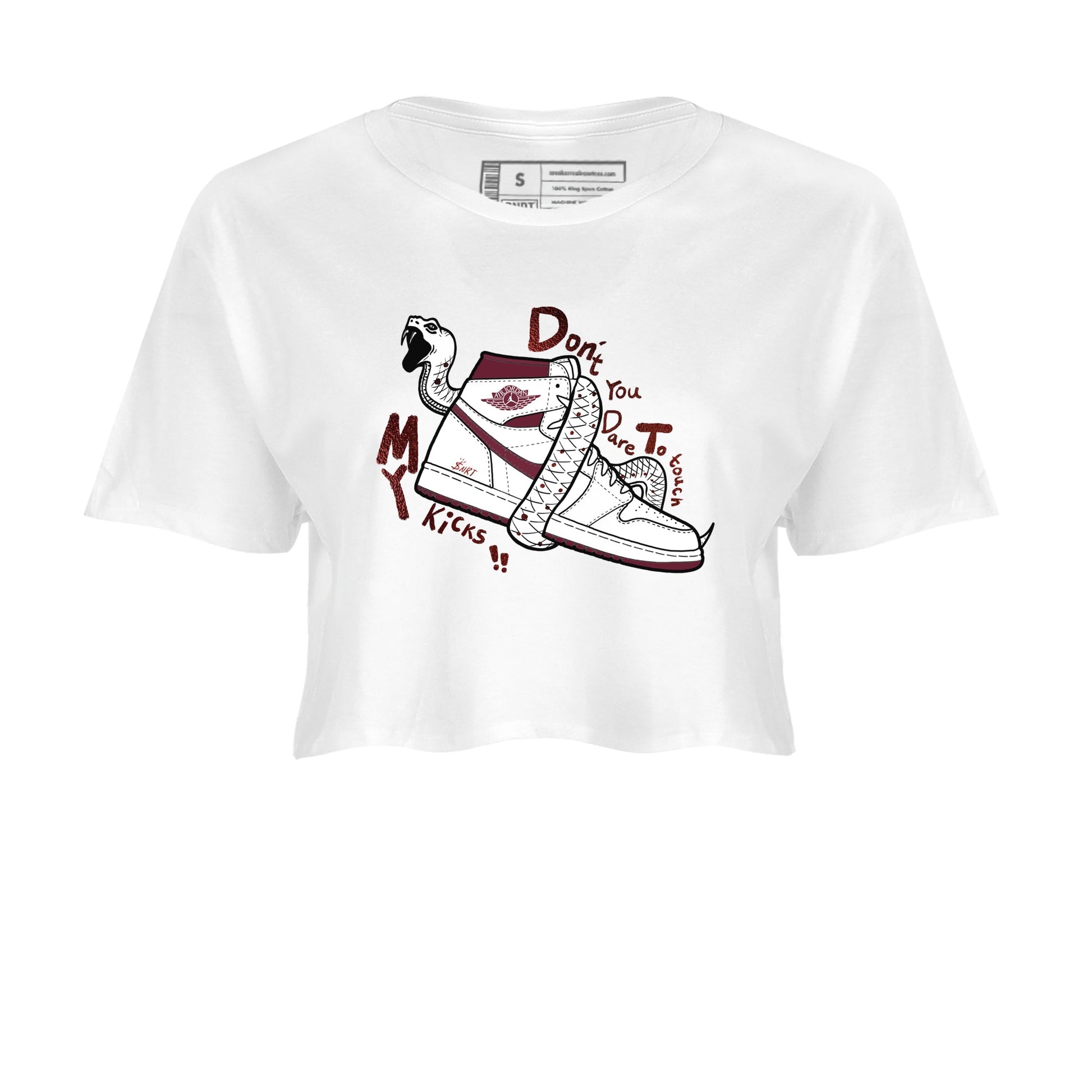 AJ1 High '85 Metallic Burgundy shirts to match jordans Don't Touch My Kicks sneaker match tees 1s High '85 Metallic Burgundy SNRT Sneaker Tees streetwear brand White 2 crop tee